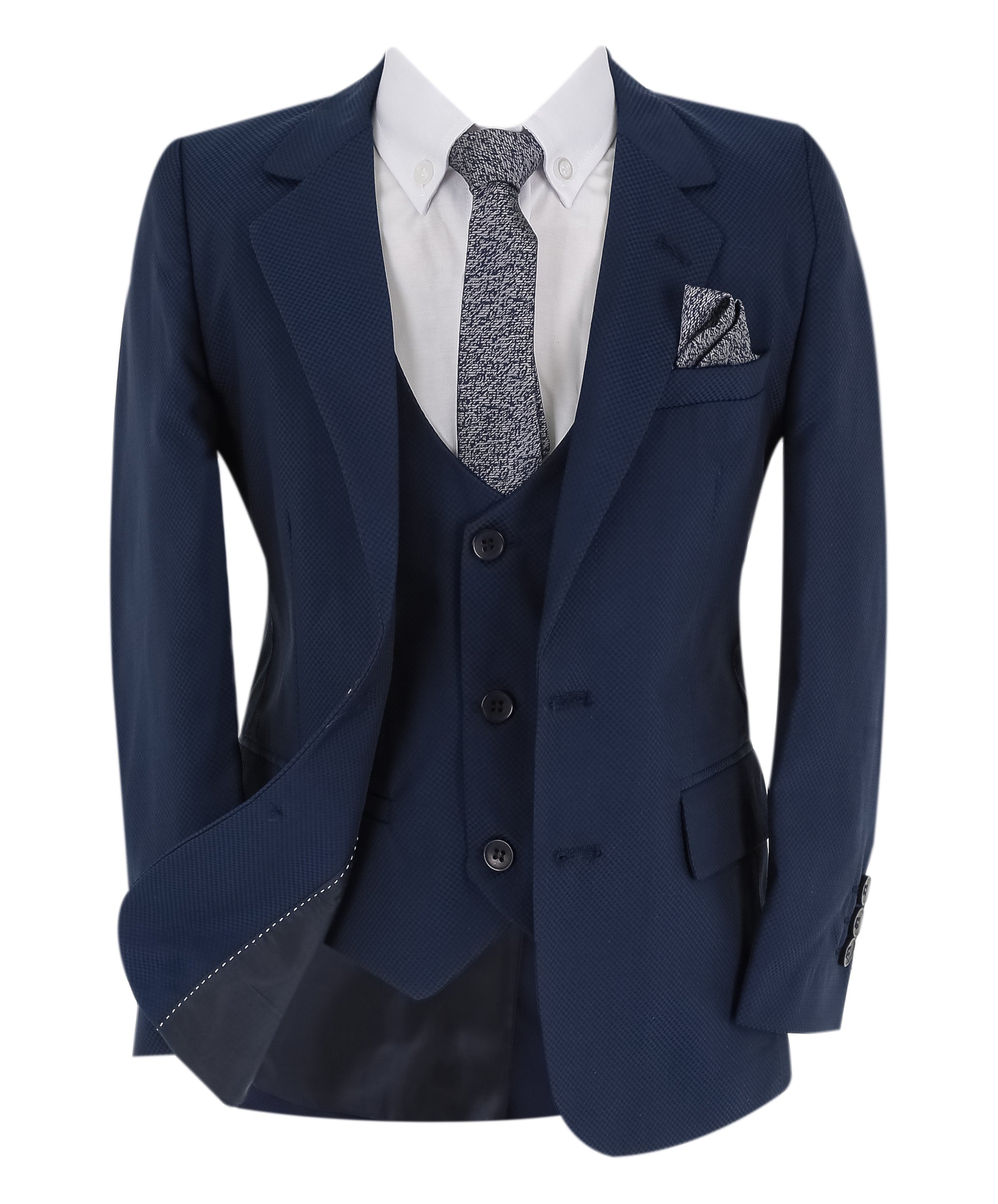 Boys Slim Fit 7 Piece Full Suit Set - Kenny - Parliament Blue Jacket Front Open Picture With Tie