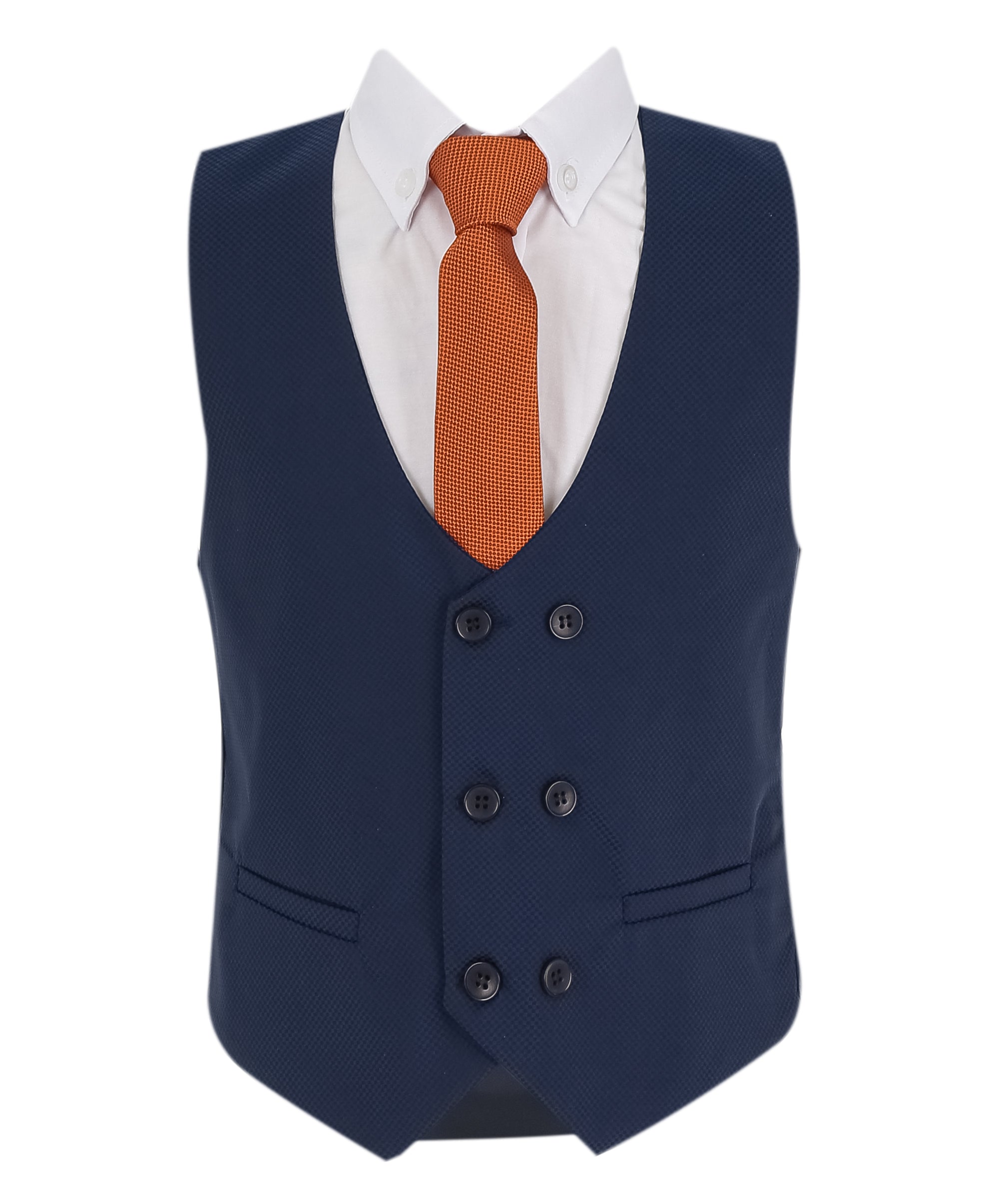 Boys Slim Fit 7 Piece Full Suit Set - Kenny - Parliament Blue Waistcoat Front Picture with Orange Tie