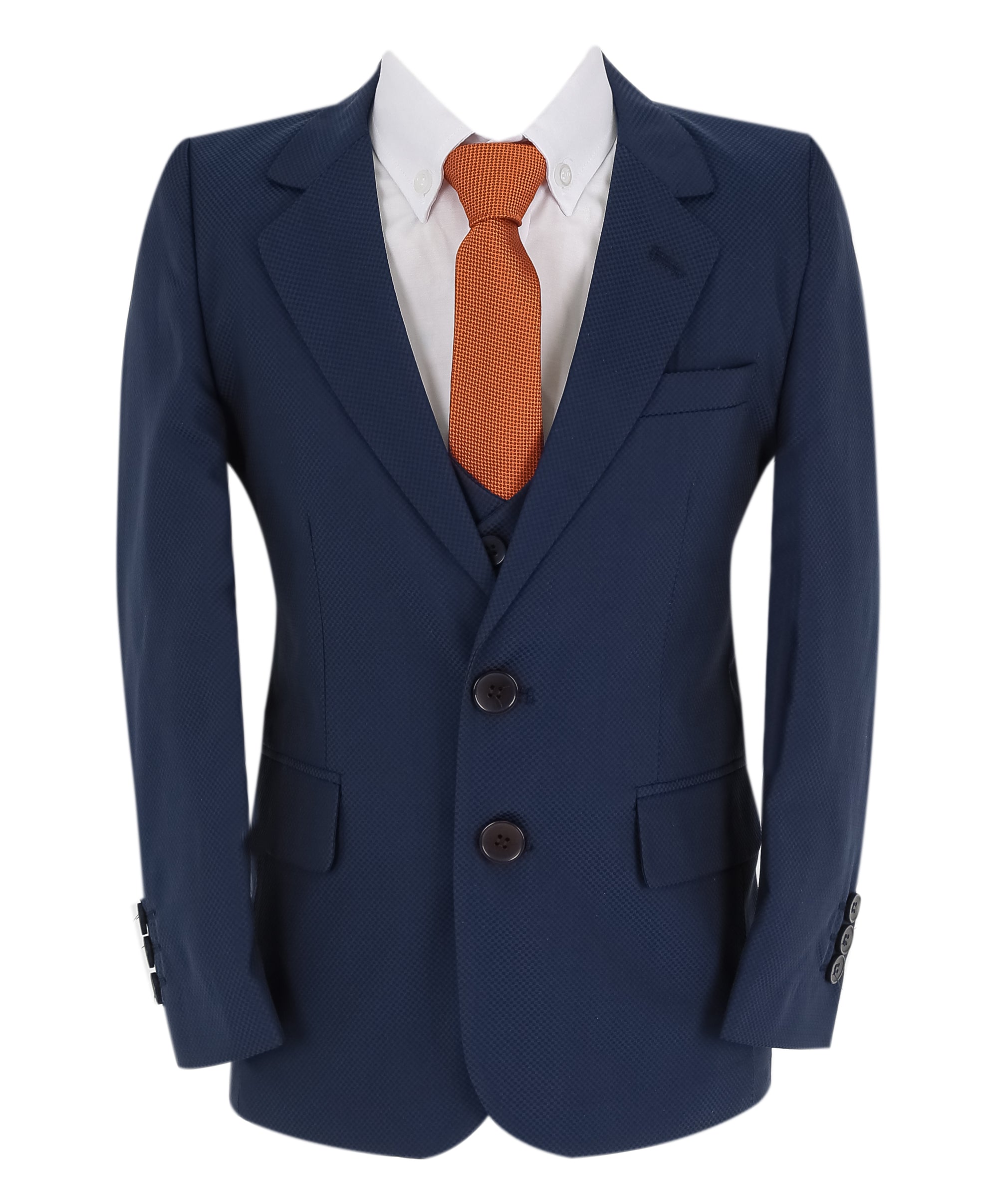 Boys Slim Fit 7 Piece Full Suit Set - Kenny - Parliament Blue Jacket Front Picture With Orange Tie
