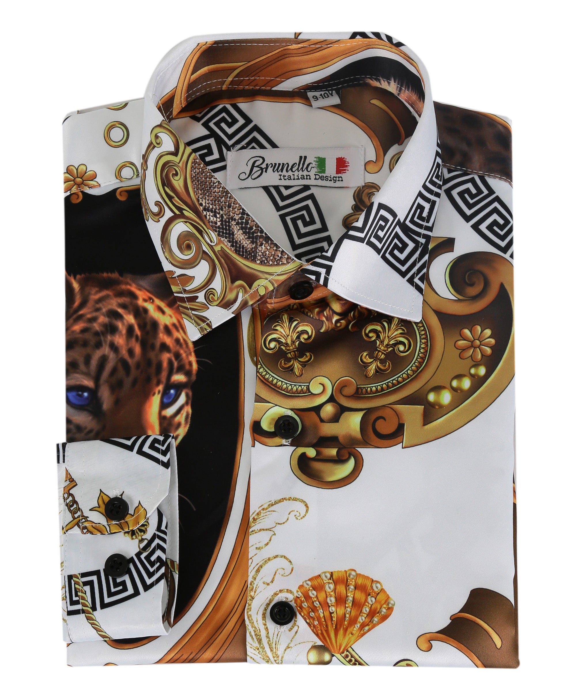 Boys Slim Fit Long Sleeve Printed Satin Shirt - White and Gold Front Picture