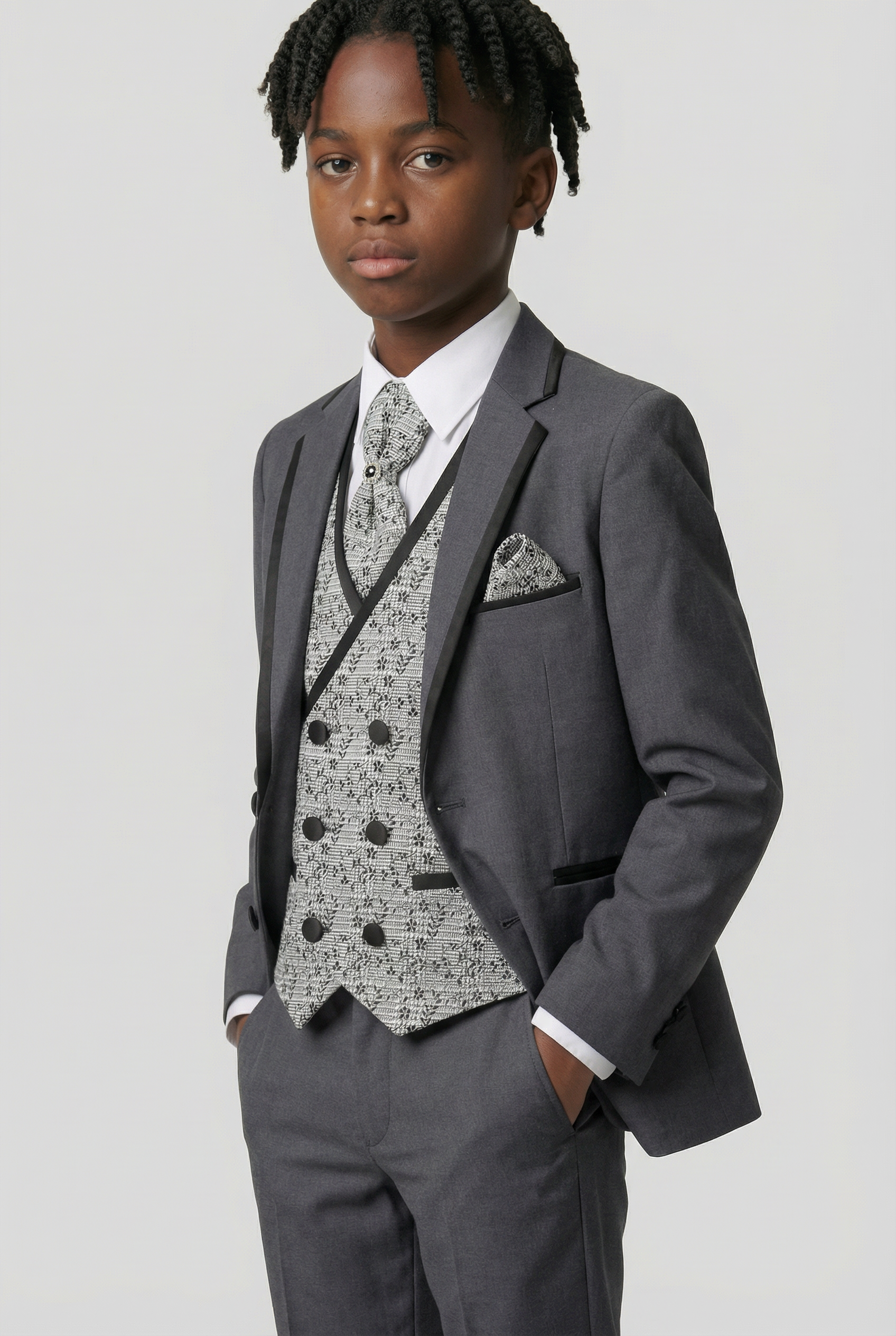 Boys Slim Fit Piping Grey Suit with Floral Waisctoat Set - Grey