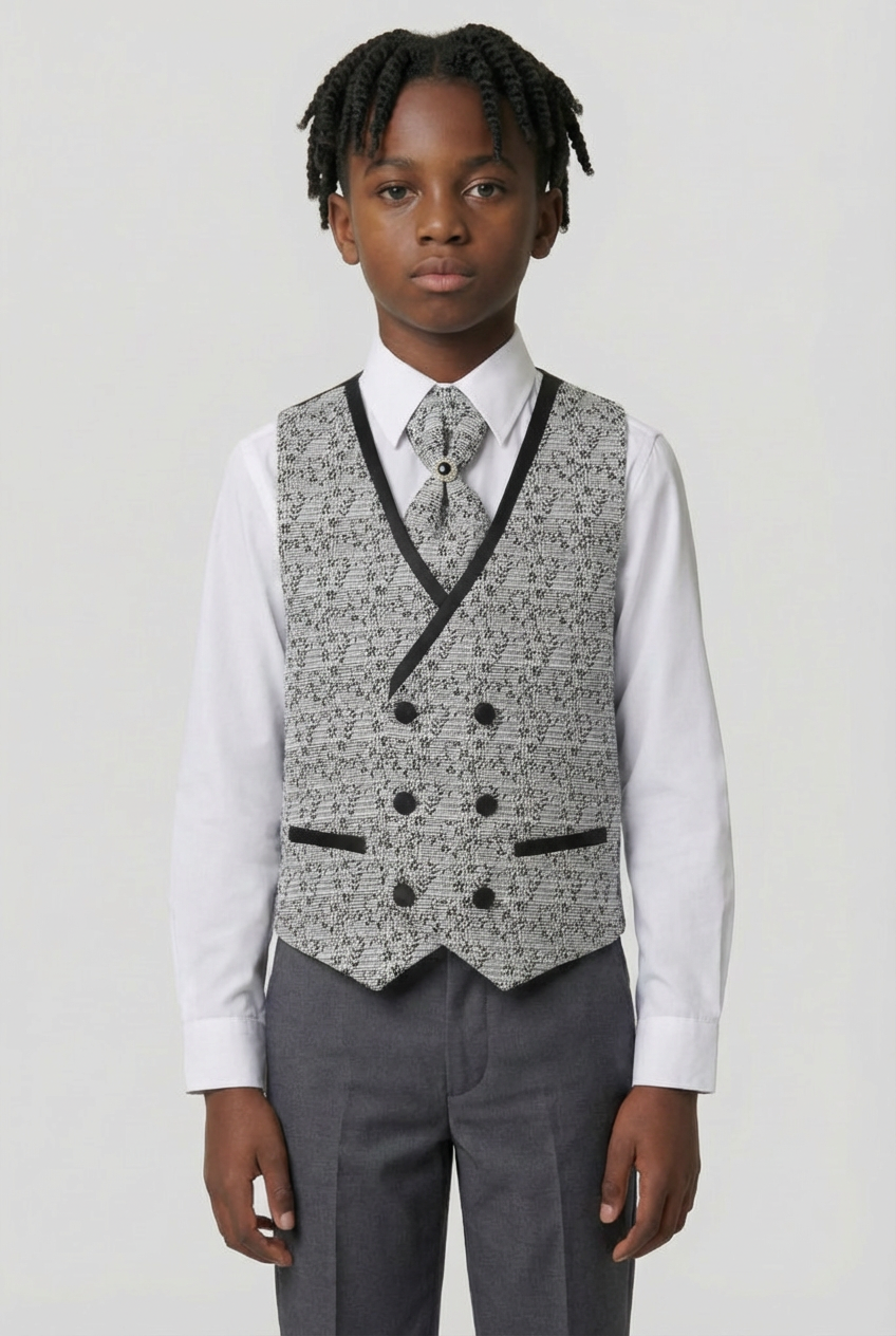 Boys Slim Fit Piping Grey Suit with Floral Waisctoat Set - Grey