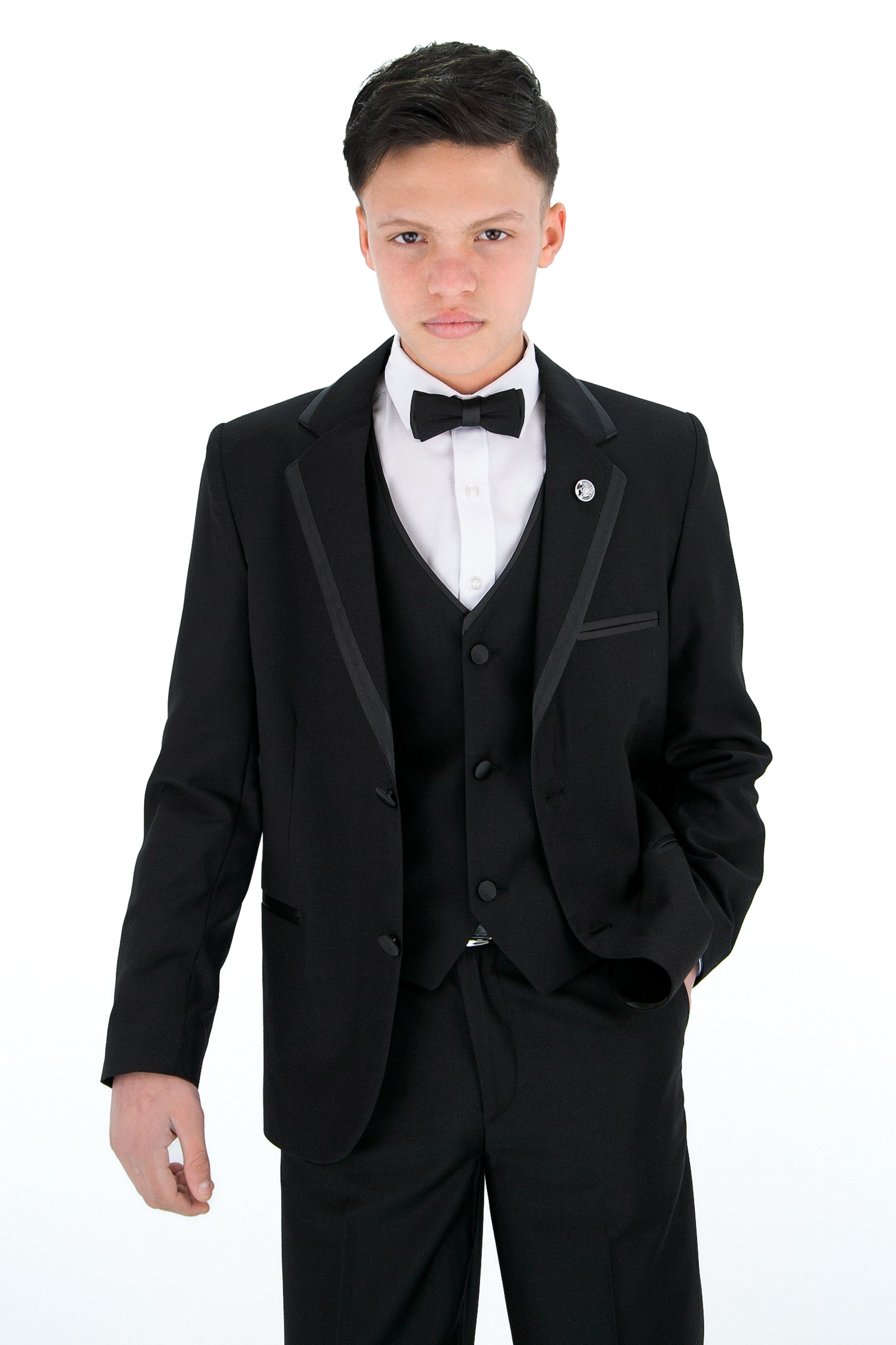 Boys Slim Fit Piping Tuxedo Dinner Suit Set - Black Jacket Front Open Picture