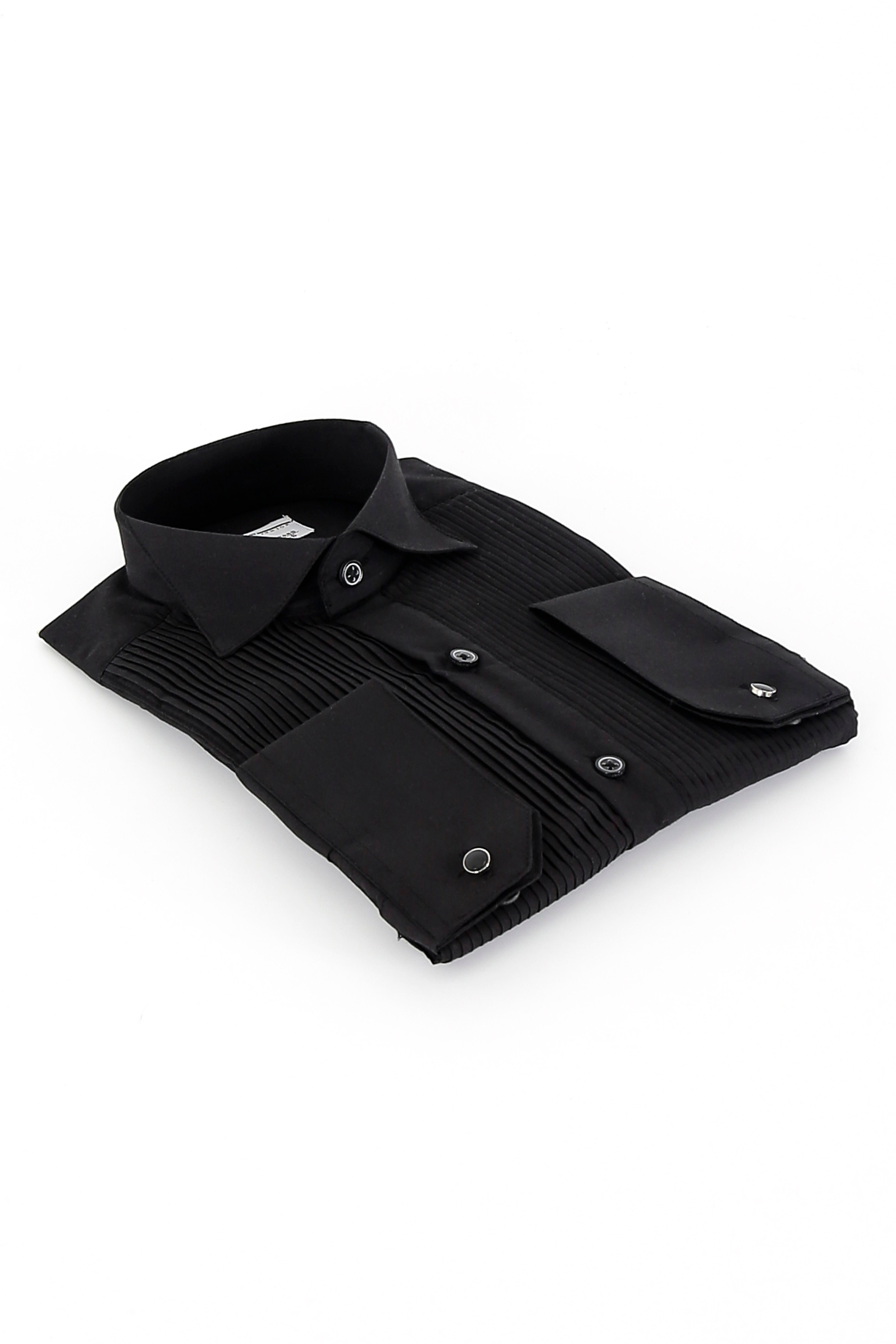 Boys Slim Fit Pleated Cufflink Shirt - Black Side Picture