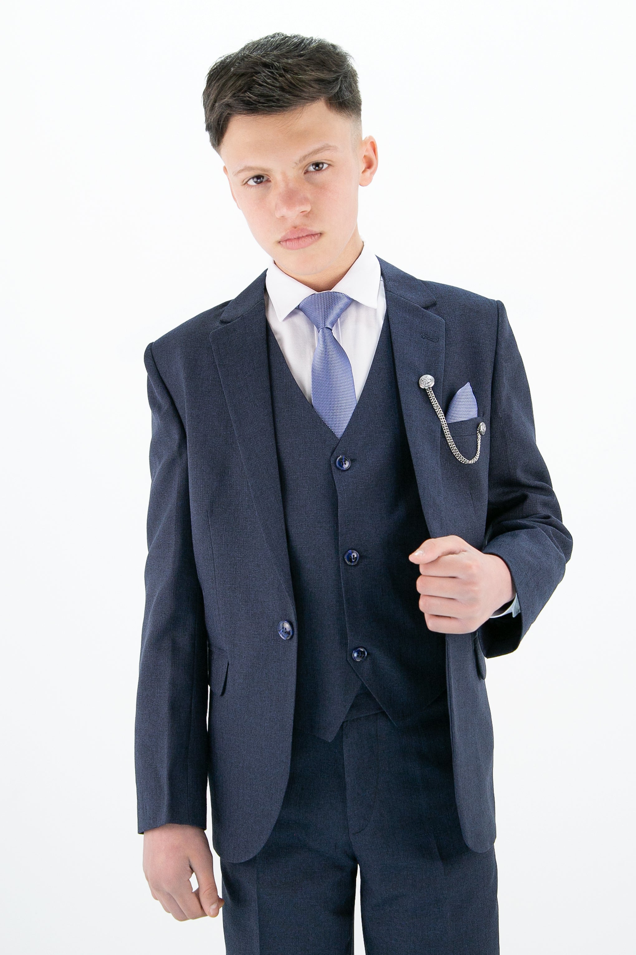 Boys Slim Fit Textured 6-Piece Formal Suit Set - Navy Blue Model Picture