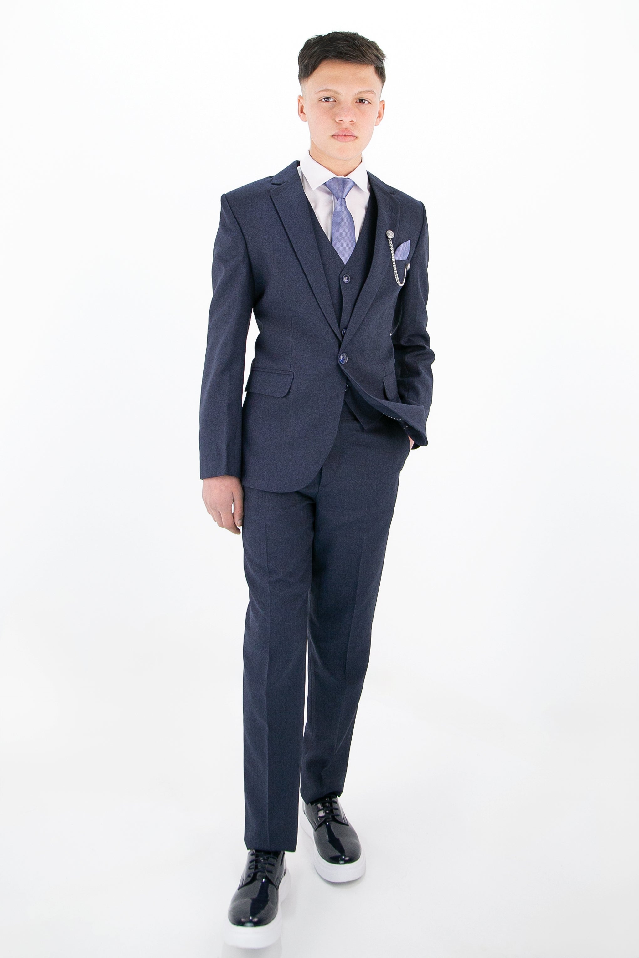 Boys Slim Fit Textured 6-Piece Formal Suit Set - Navy Blue Model Front Picture