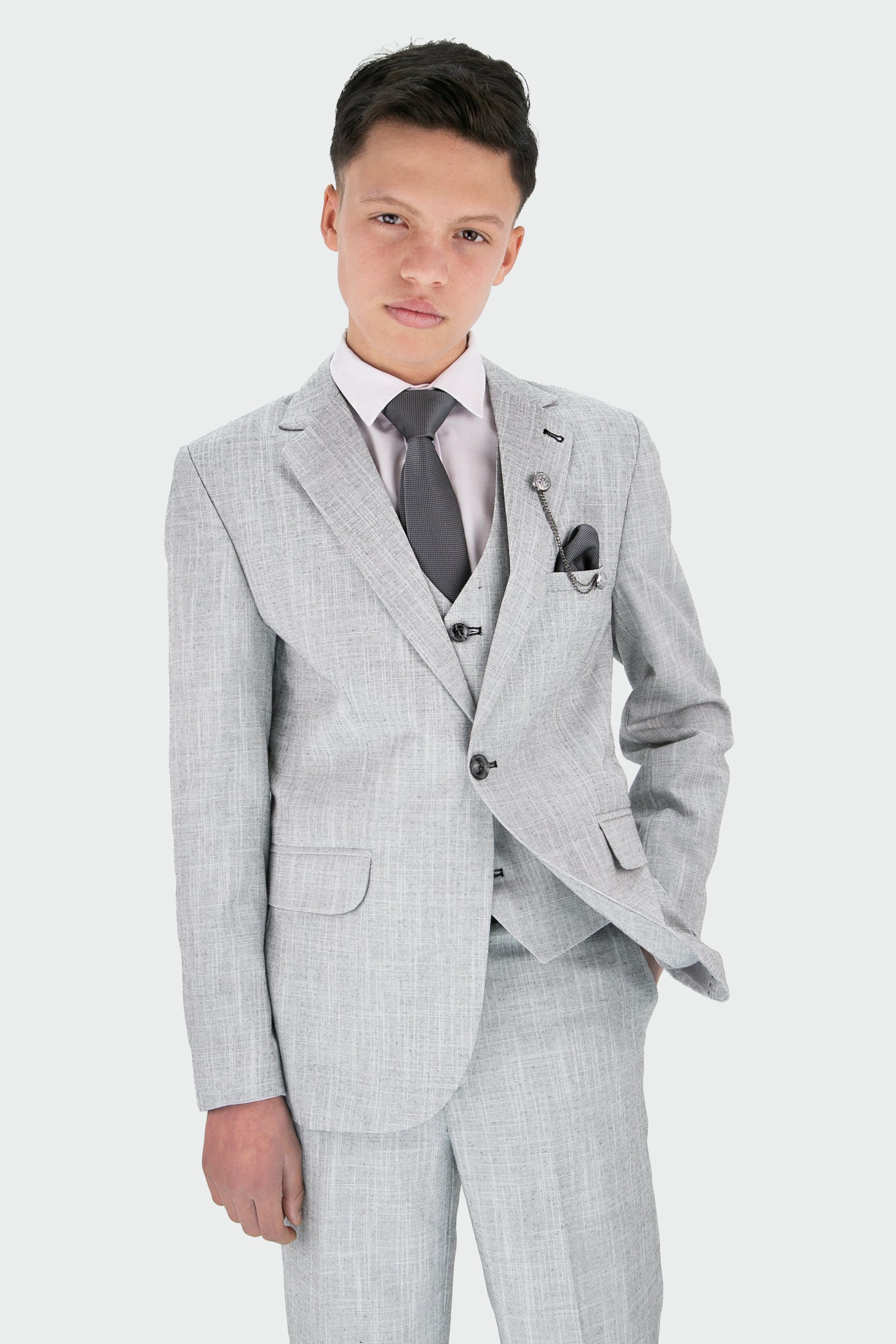 Boys Slim Fit Textured 8-Piece Formal Suit Set - Grey Model Picture