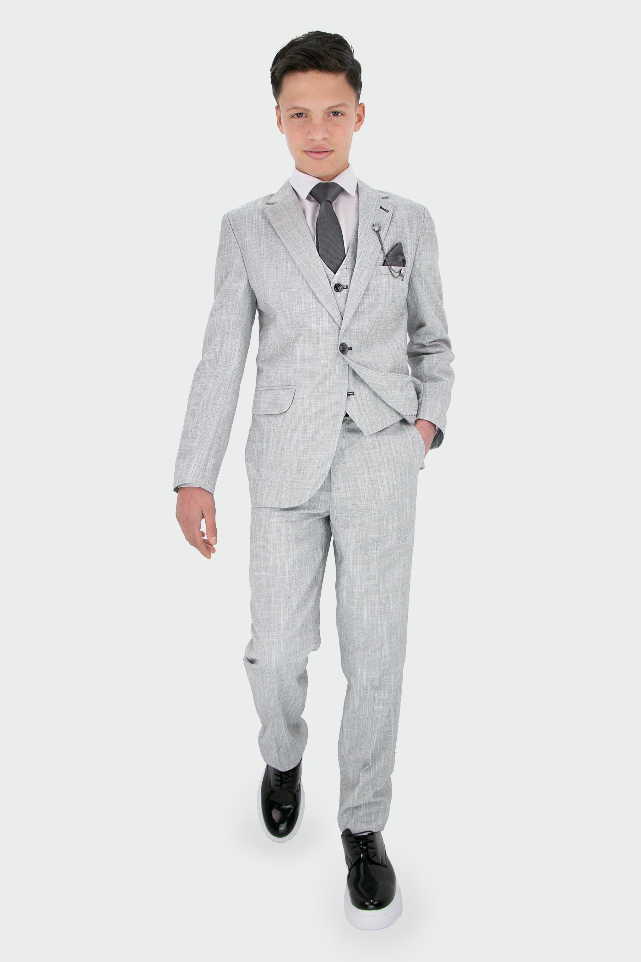 Boys Slim Fit Textured 8-Piece Formal Suit Set - Grey Model Front Picture