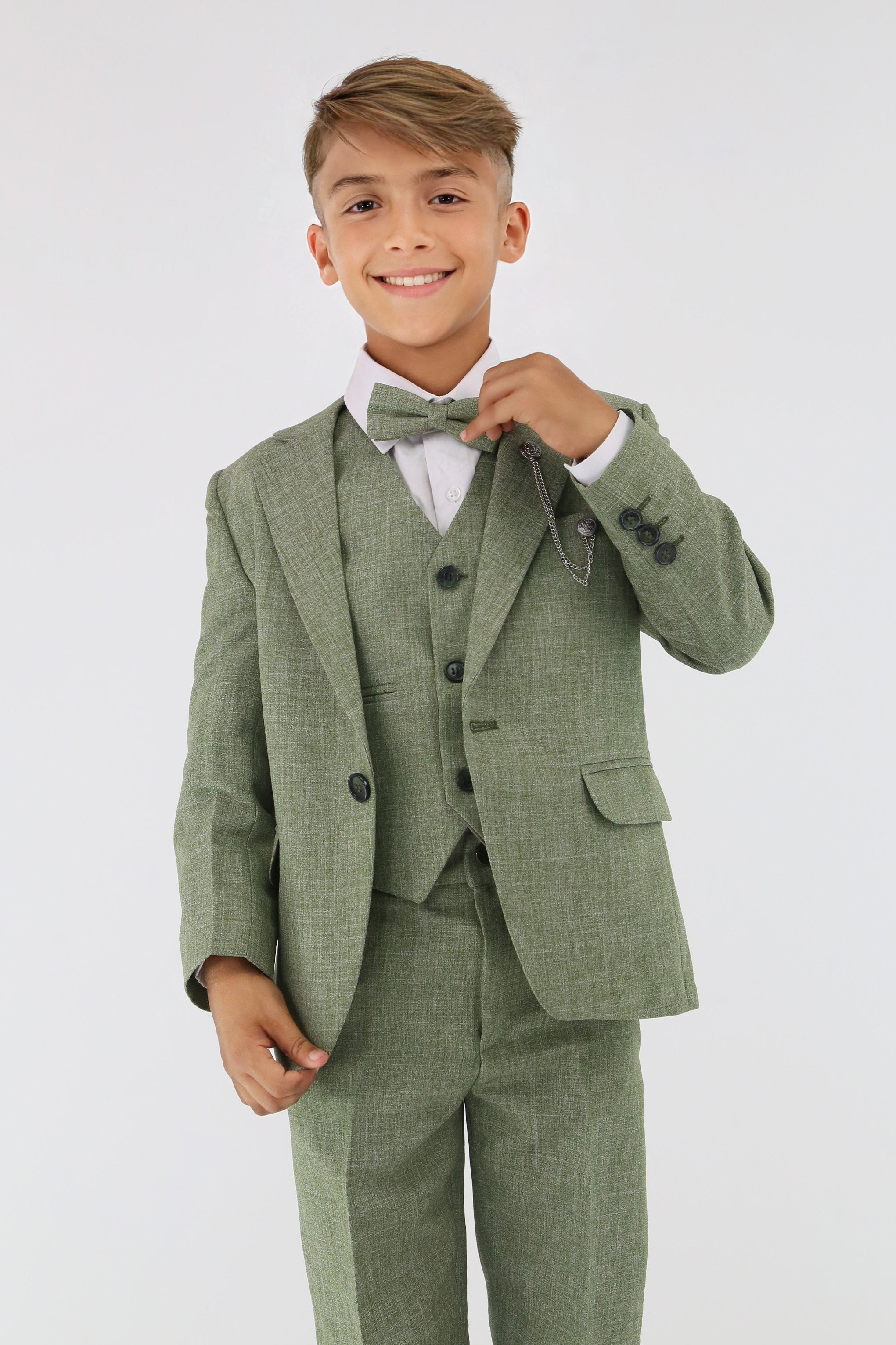 Boys Slim Fit Textured 8-Piece Formal Suit Set - Khaki Green