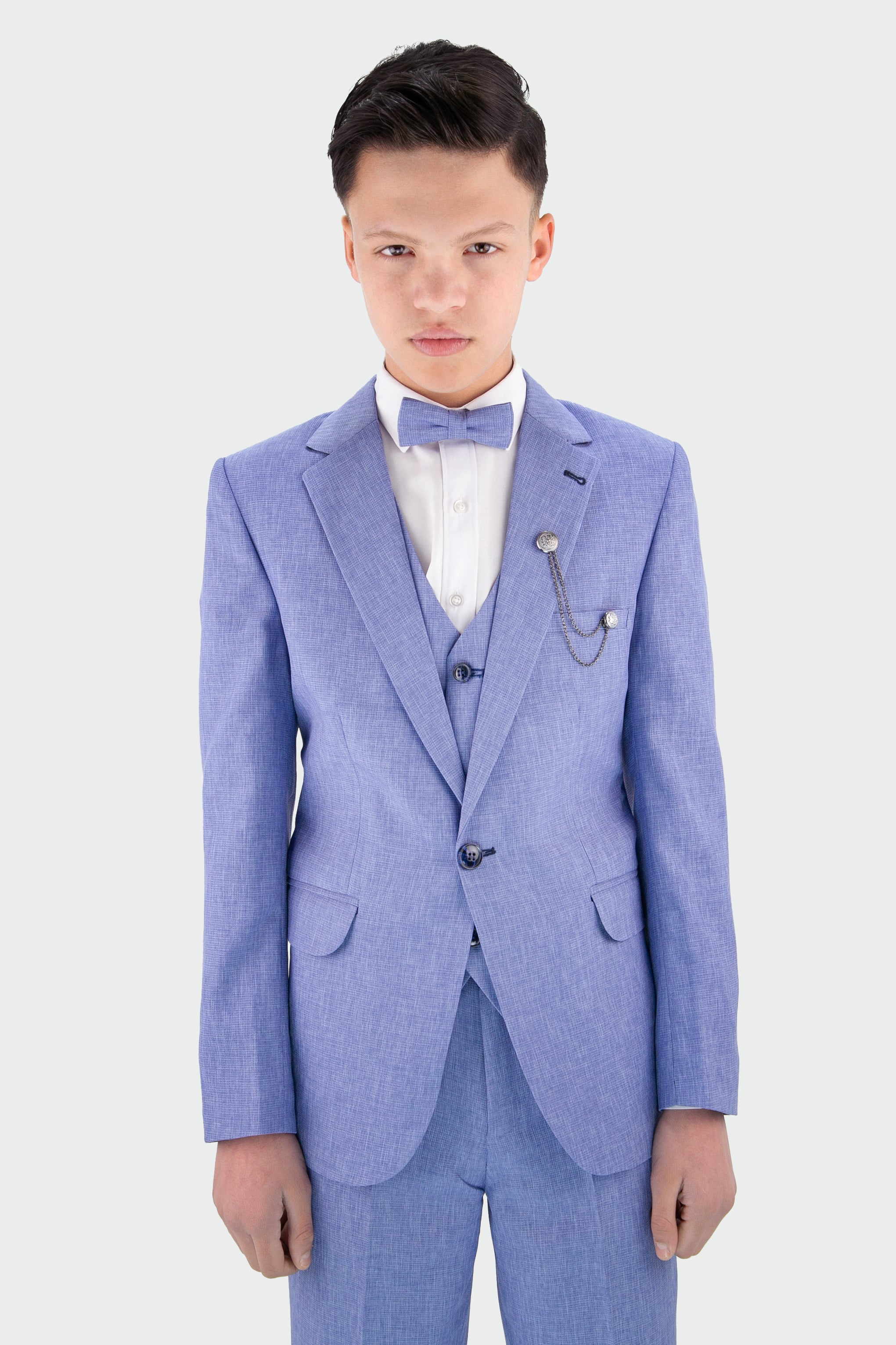 Boys Slim Fit Textured 8-Piece Formal Suit Set - Sky Blue Model Picture with Bowtie