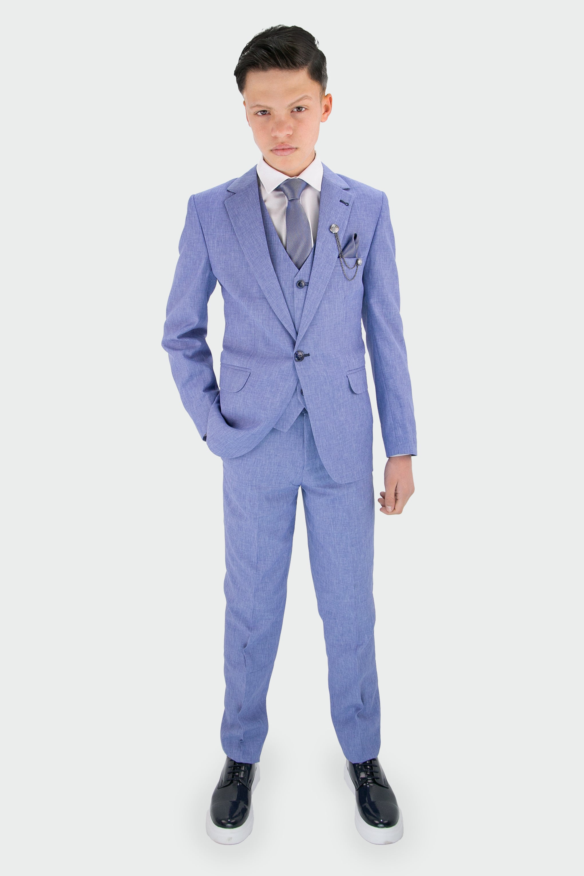 Boys Slim Fit Textured 8-Piece Formal Suit Set - Sky Blue Model Front Picture