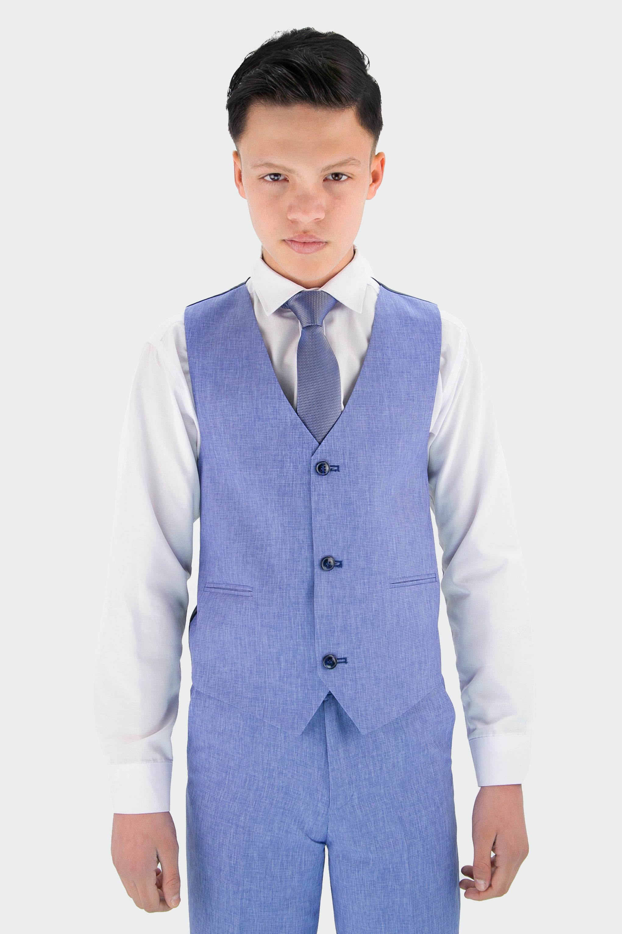 Boys Slim Fit Textured 8-Piece Formal Suit Set - Sky Blue Waistcoat Picture