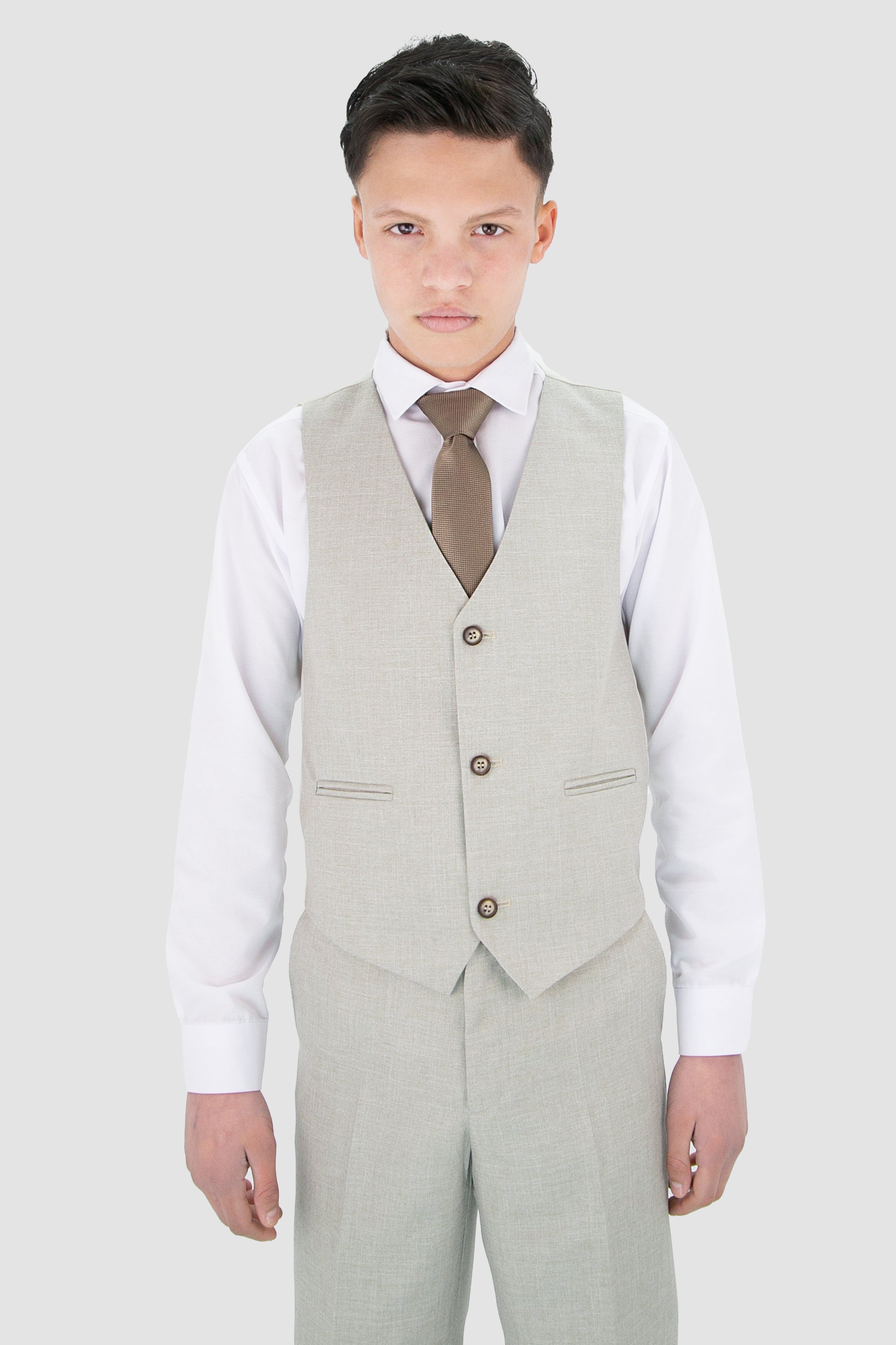 Boys Slim Fit Textured 8-Piece Formal Suit Set - Taupe Beige Waistcoat Picture