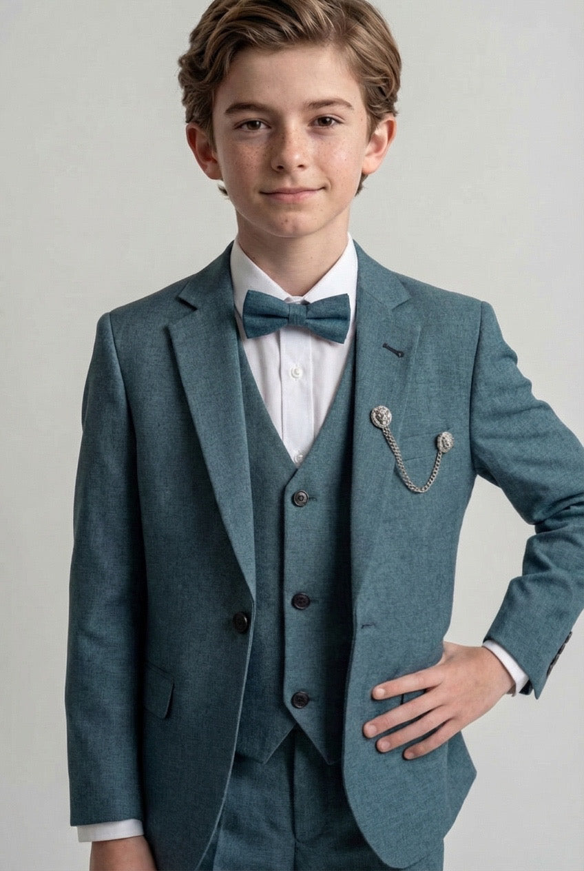 Boys Slim Fit Textured 8-Piece Formal Suit Set - Teal Green
