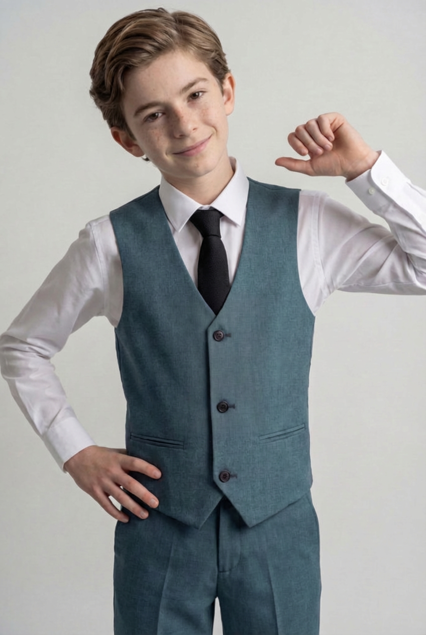 Boys Slim Fit Textured 8-Piece Formal Suit Set - Teal Green