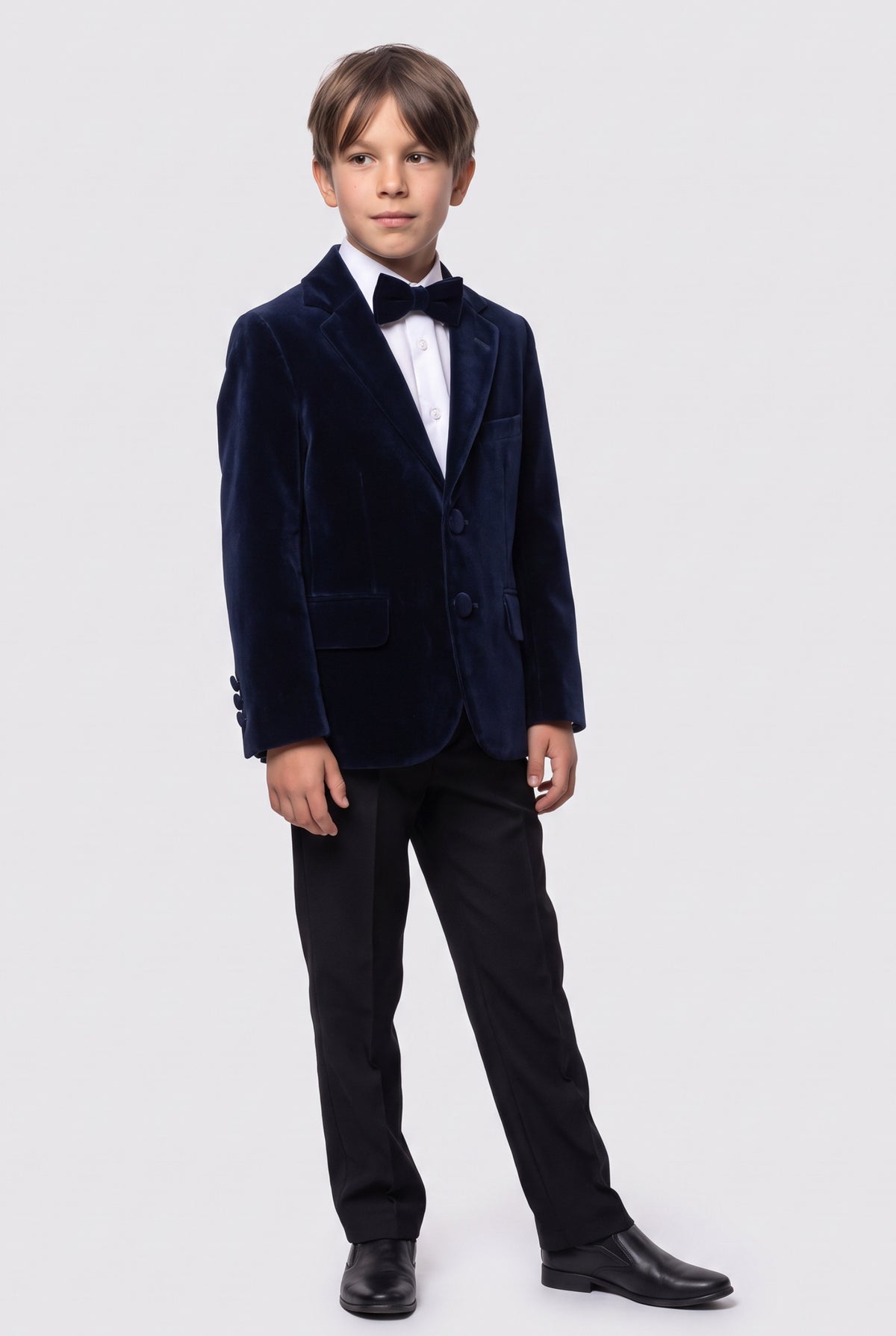 Boys Slim Fit Velvet Blazer - SAVOY - Navy Blue model front picture
