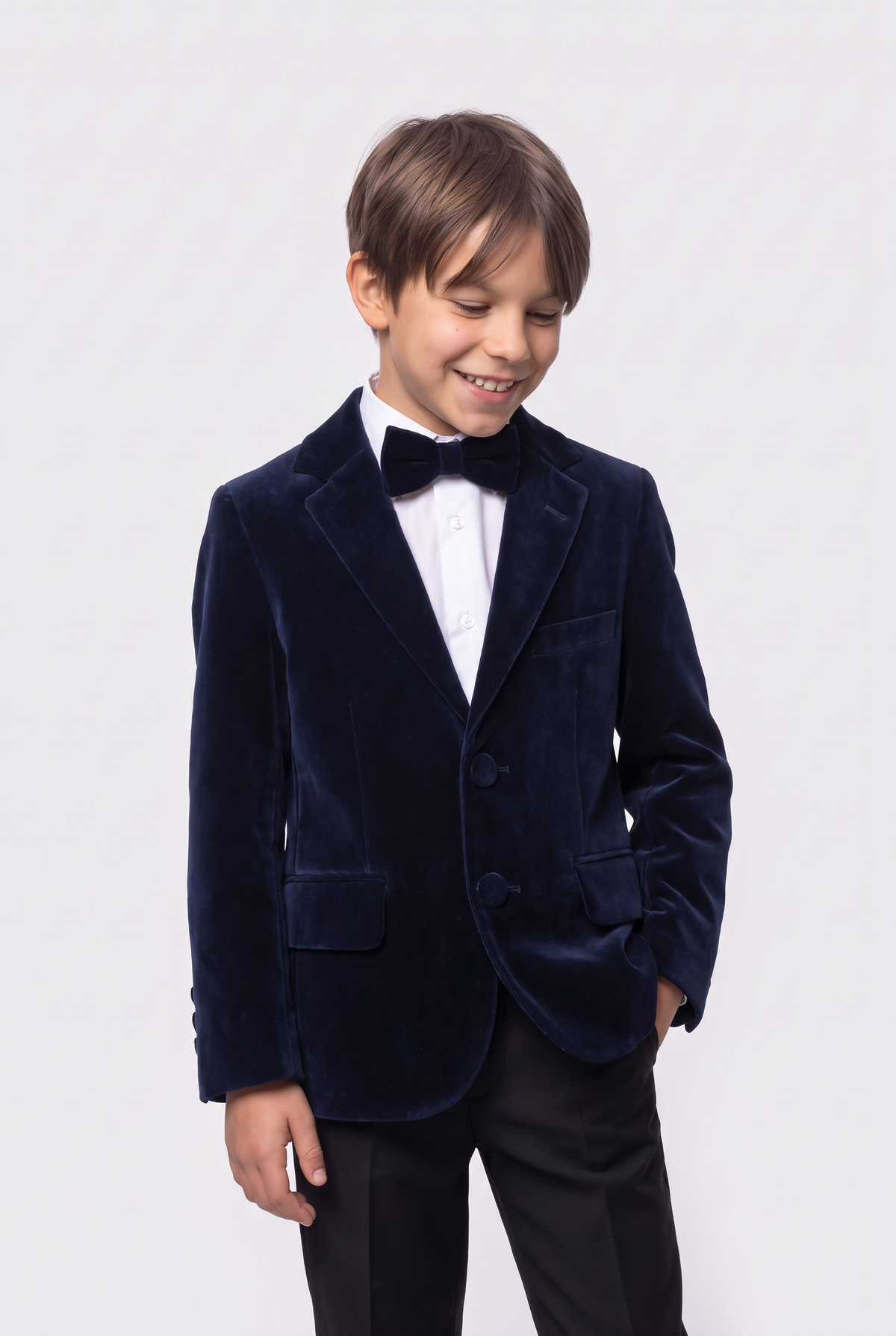 Boys Slim Fit Velvet Blazer - SAVOY - Navy Blue