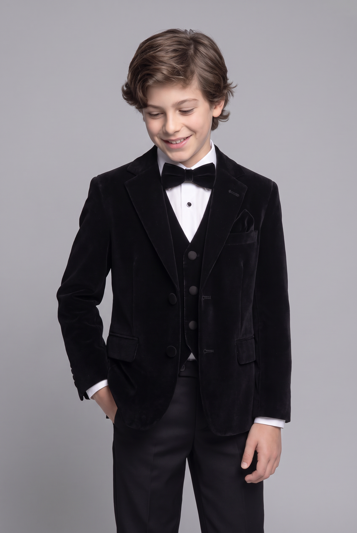 Boys Slim Fit Velvet Dinner Suit - 4-Piece & 5-Piece - SAVOY - Black Model Front Picture 