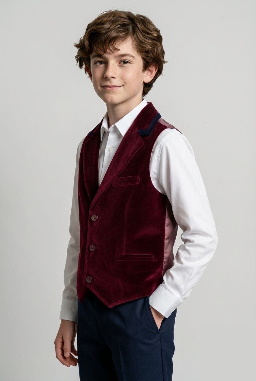 Boys Slim Fit Velvet Waistcoat with Lapel Trim - Burgundy Model Picture