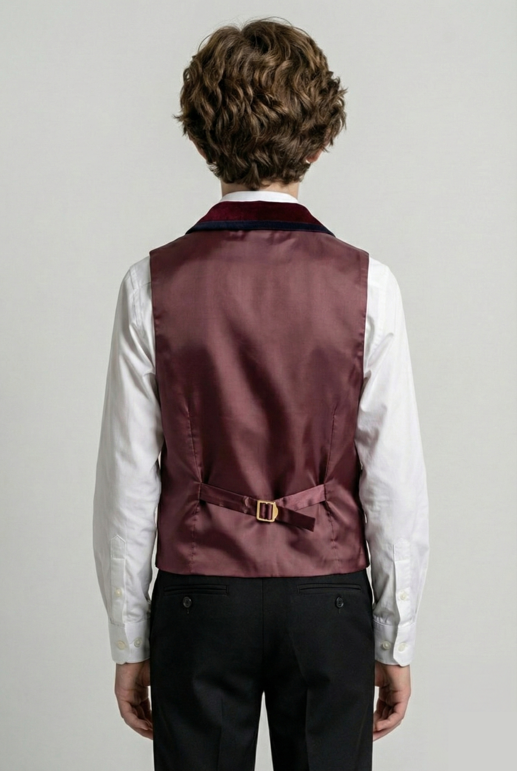 Boys Slim Fit Velvet Waistcoat with Lapel Trim - Burgundy Back Picture