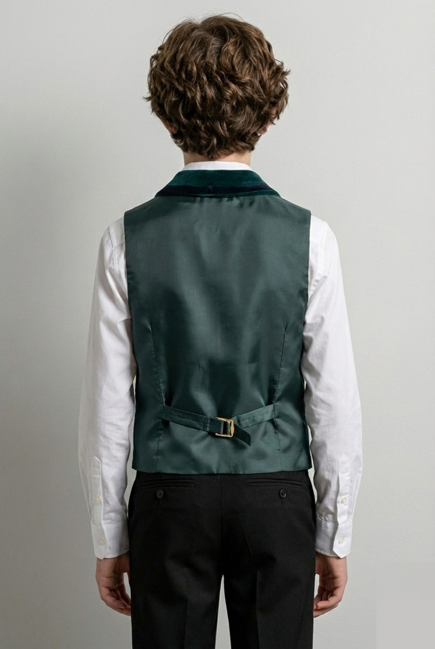 Boys Slim Fit Velvet Waistcoat with Lapel Trim - Green Back Picture
