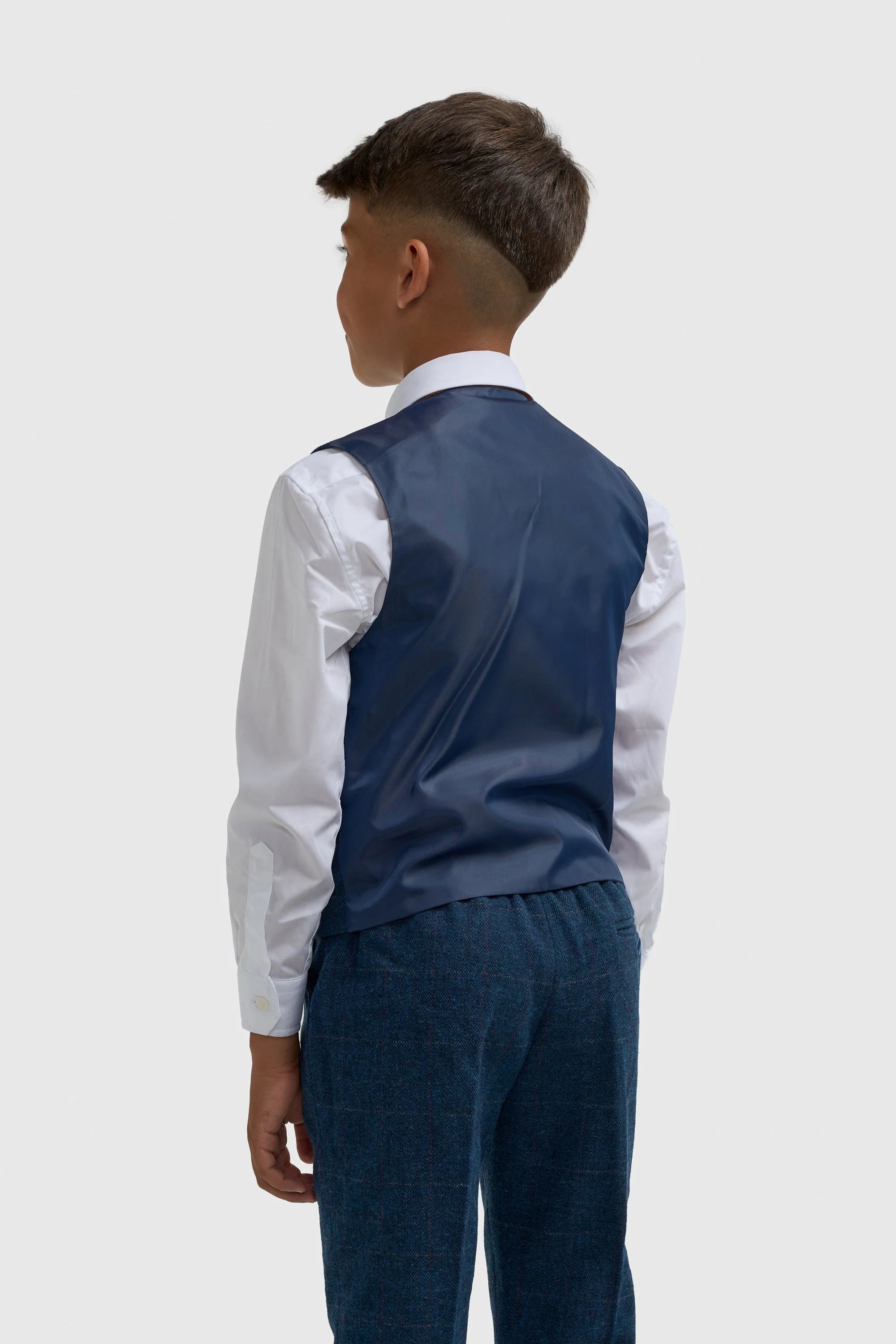 Boys Slim Fit Wool Blend Herringbone Tweed Blue Suit - CARNEGI NAVY  Back picture