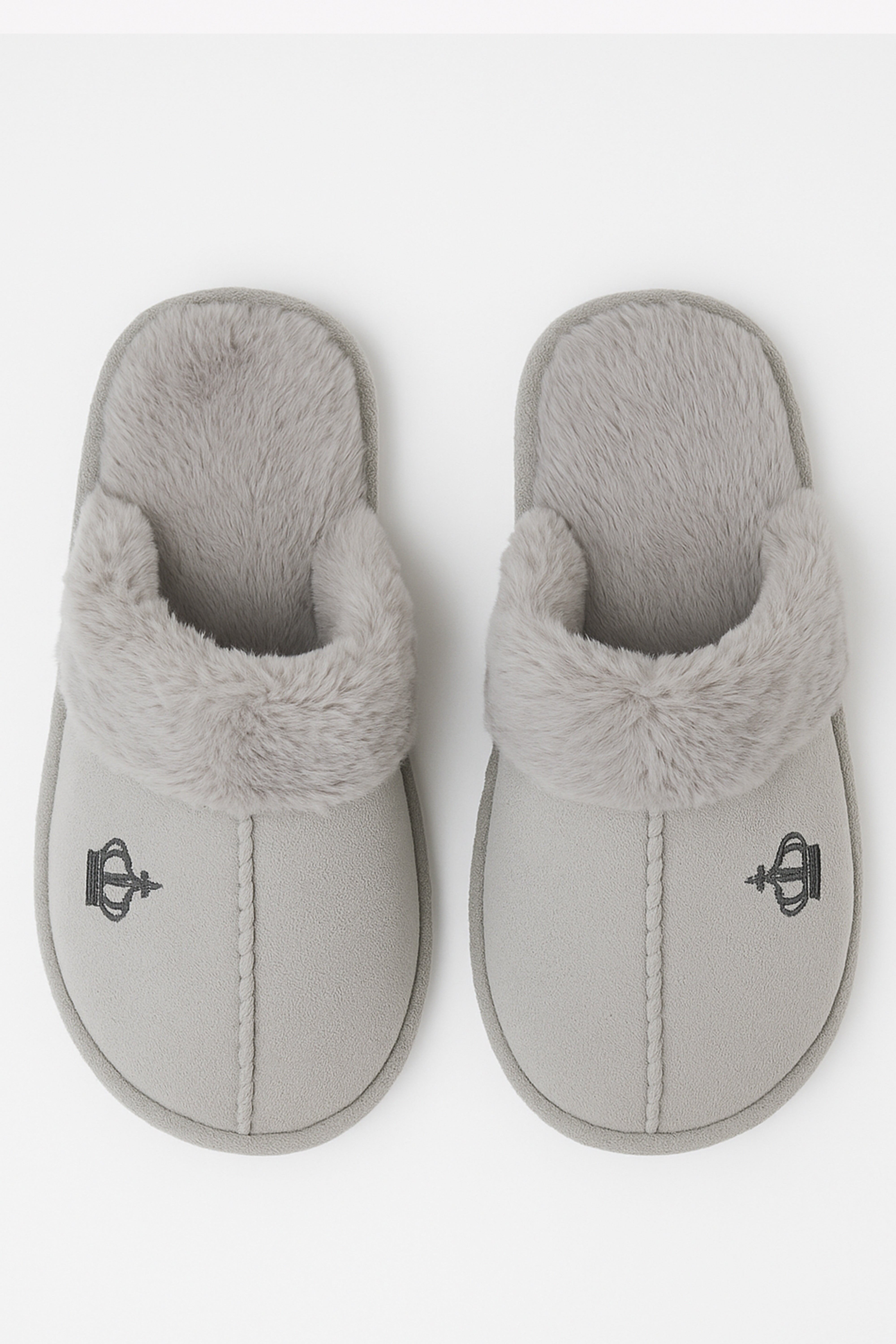 Boys Slip On Fur Grey Slippers - Crown - Grey Front Picture