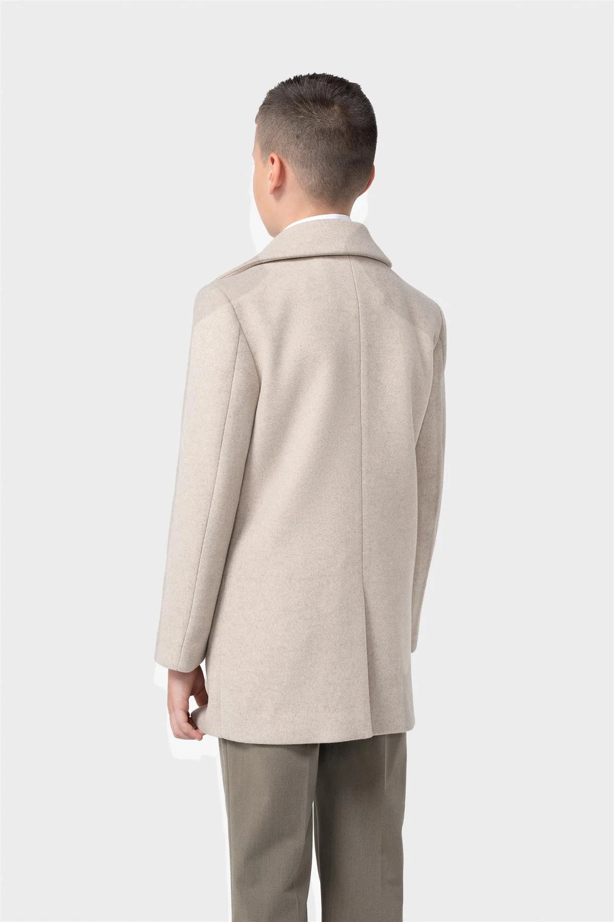 Boys Smart Tailored Formal Overcoat – Cavani Oscar Stone Beige Model back Picture