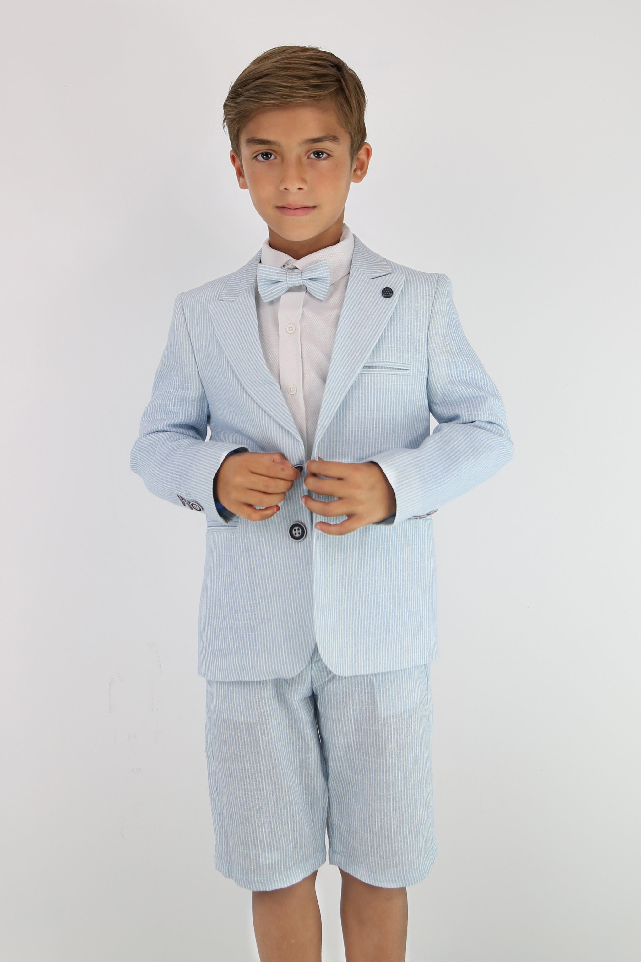 Boys Striped Cotton Seersucker Short Suit – ALEXANDER - Sky Blue