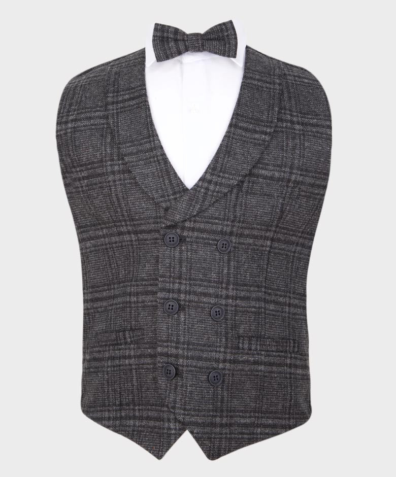 Boys Tailored Fit  Herringbone Tweed Check Waistcoat Set - Grey