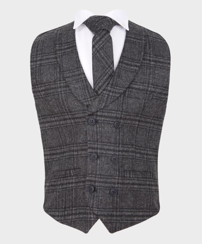 Boys Tailored Fit  Herringbone Tweed Check Waistcoat Set - Grey