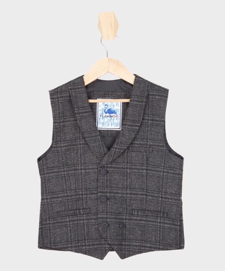 Boys Tailored Fit  Herringbone Tweed Check Waistcoat Set - Grey