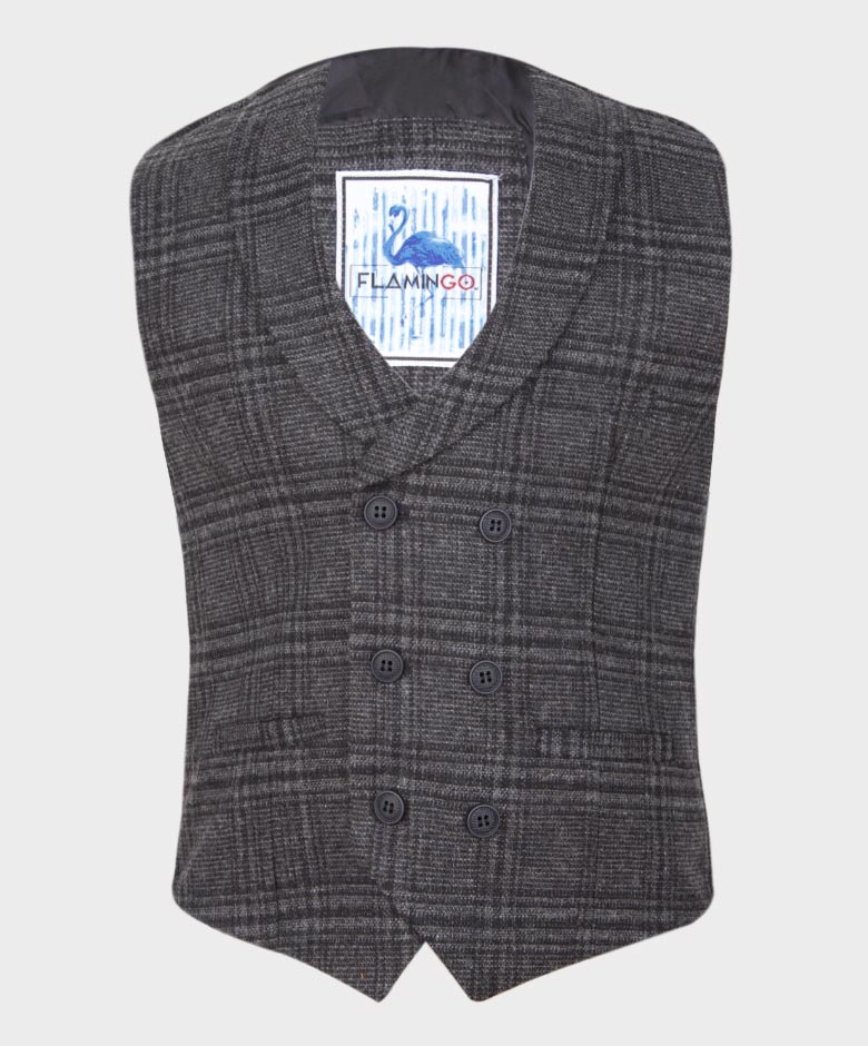 Boys Tailored Fit  Herringbone Tweed Check Waistcoat Set - Grey
