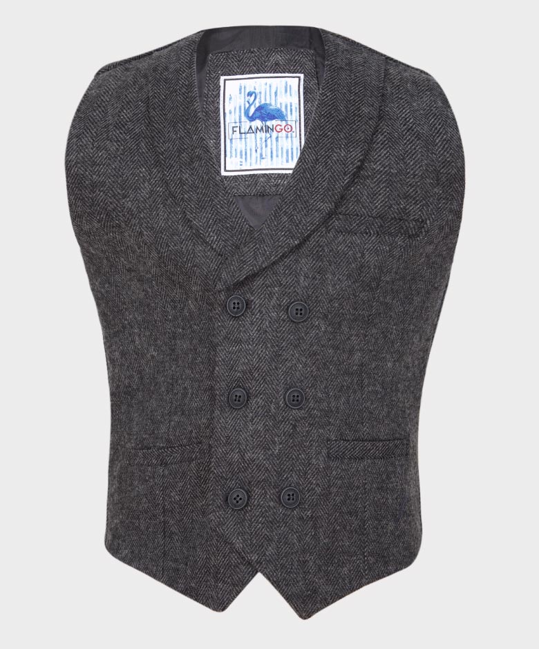Boys Tailored Fit  Herringbone Tweed  Waistcoat Set - Charcoal Grey
