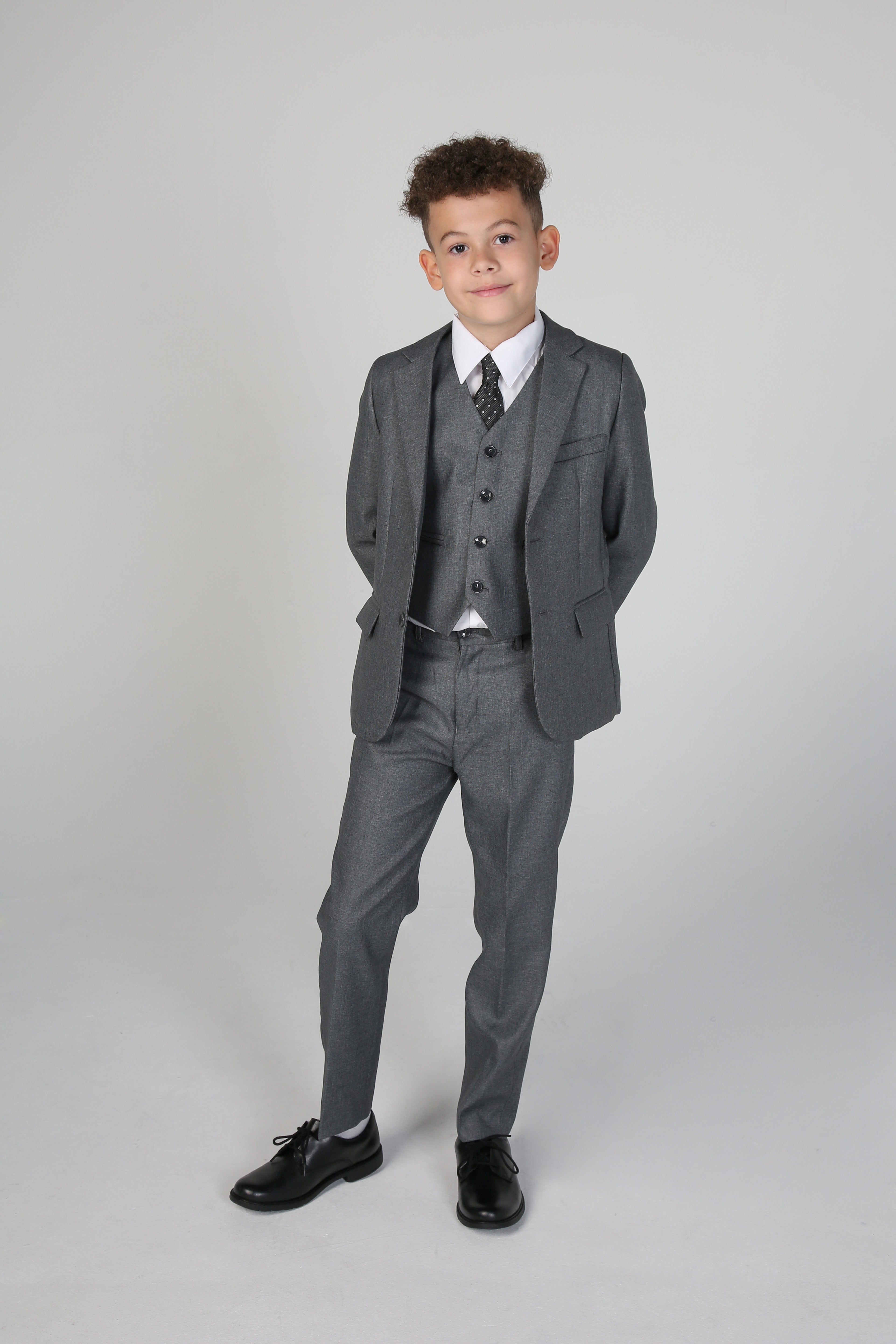 Boys Tailored Fit Suit Formal Wedding 6 Pieces Set in Grey