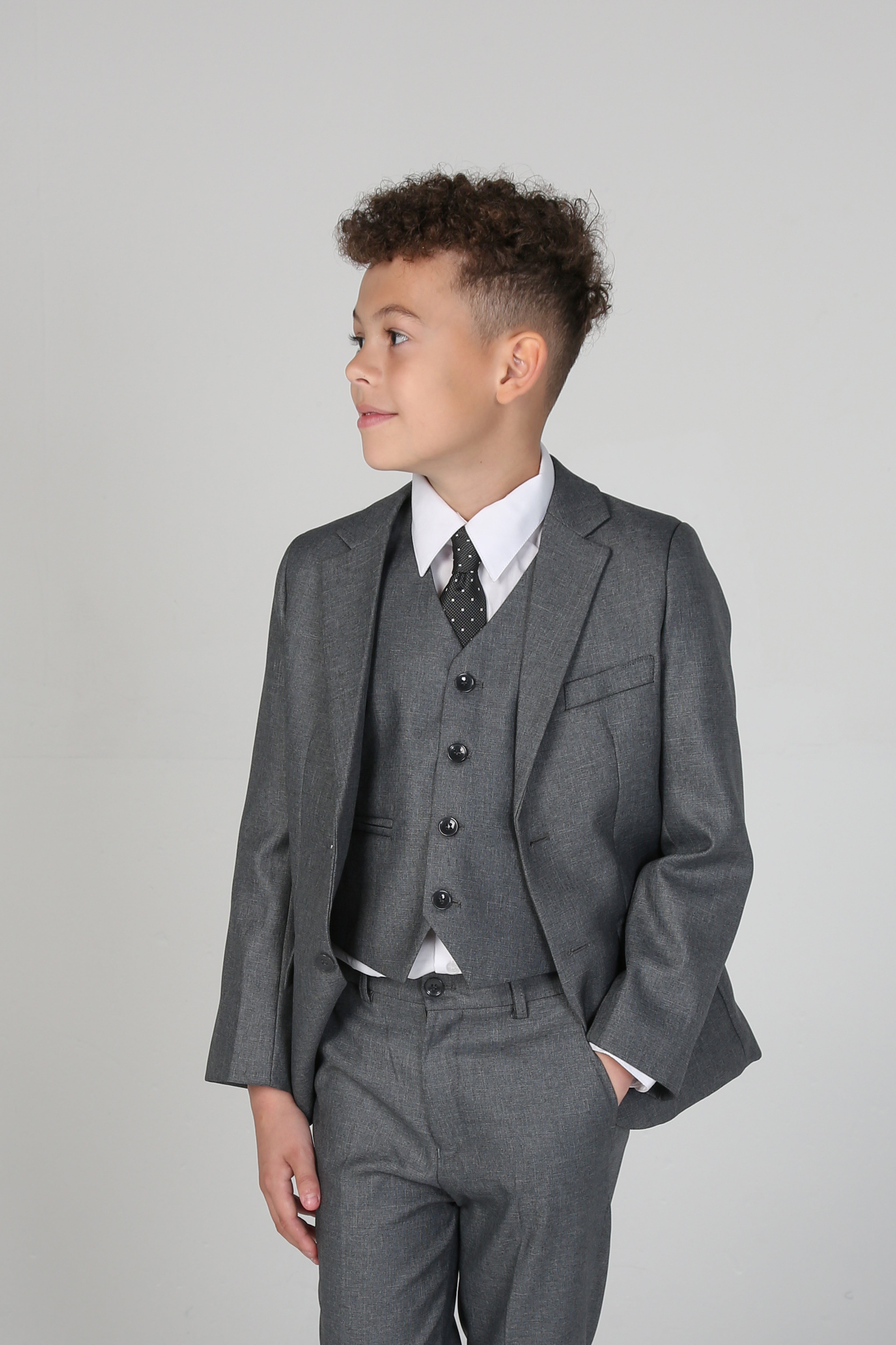 Boys Tailored Fit Suit Formal Wedding 6 Pieces Set in Grey
