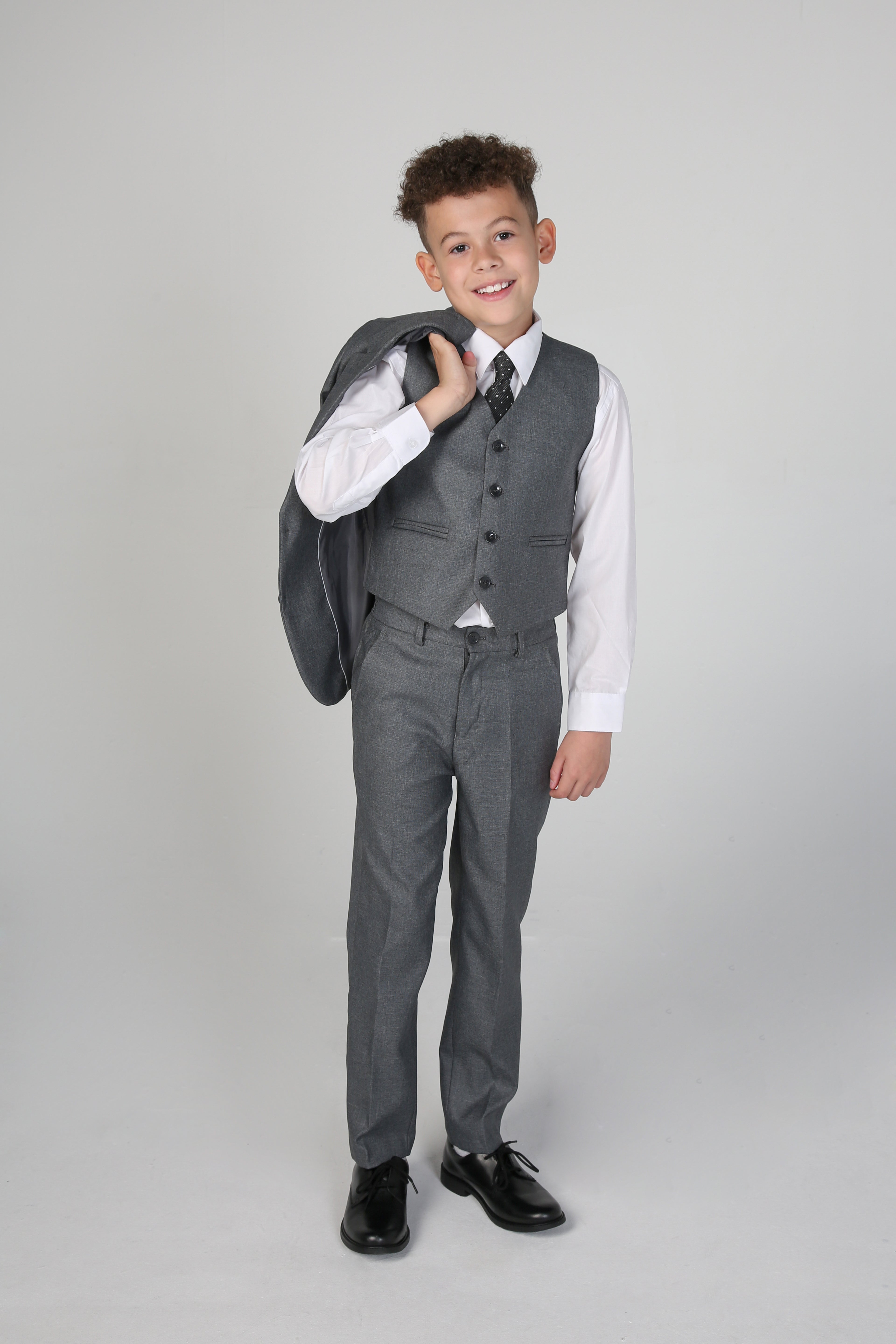 Boys Tailored Fit Suit Formal Wedding 6 Pieces Set in Grey
