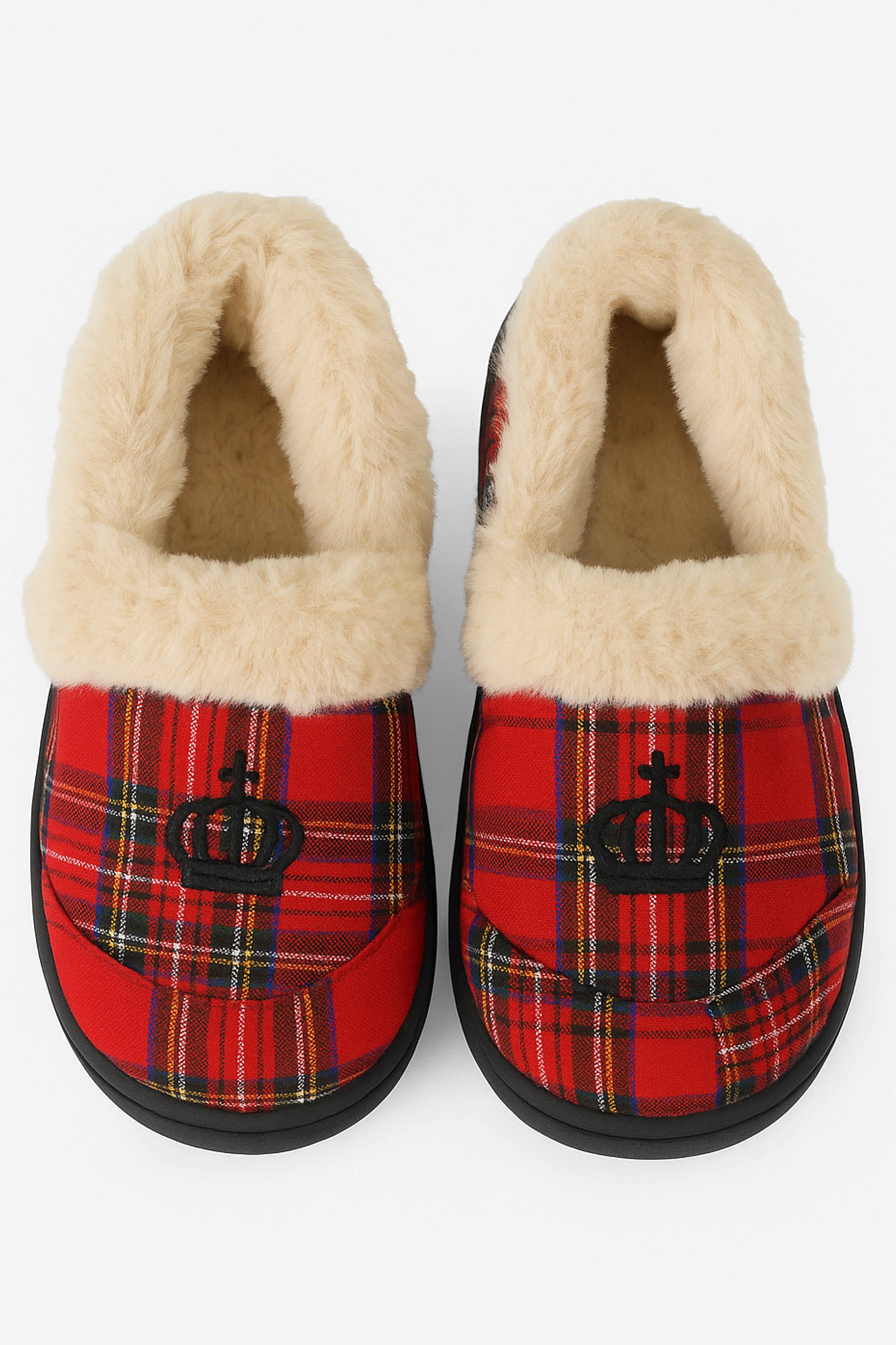 Boys Tartan Plaid Fleece Red Slippers - Crown - Red Front Picture