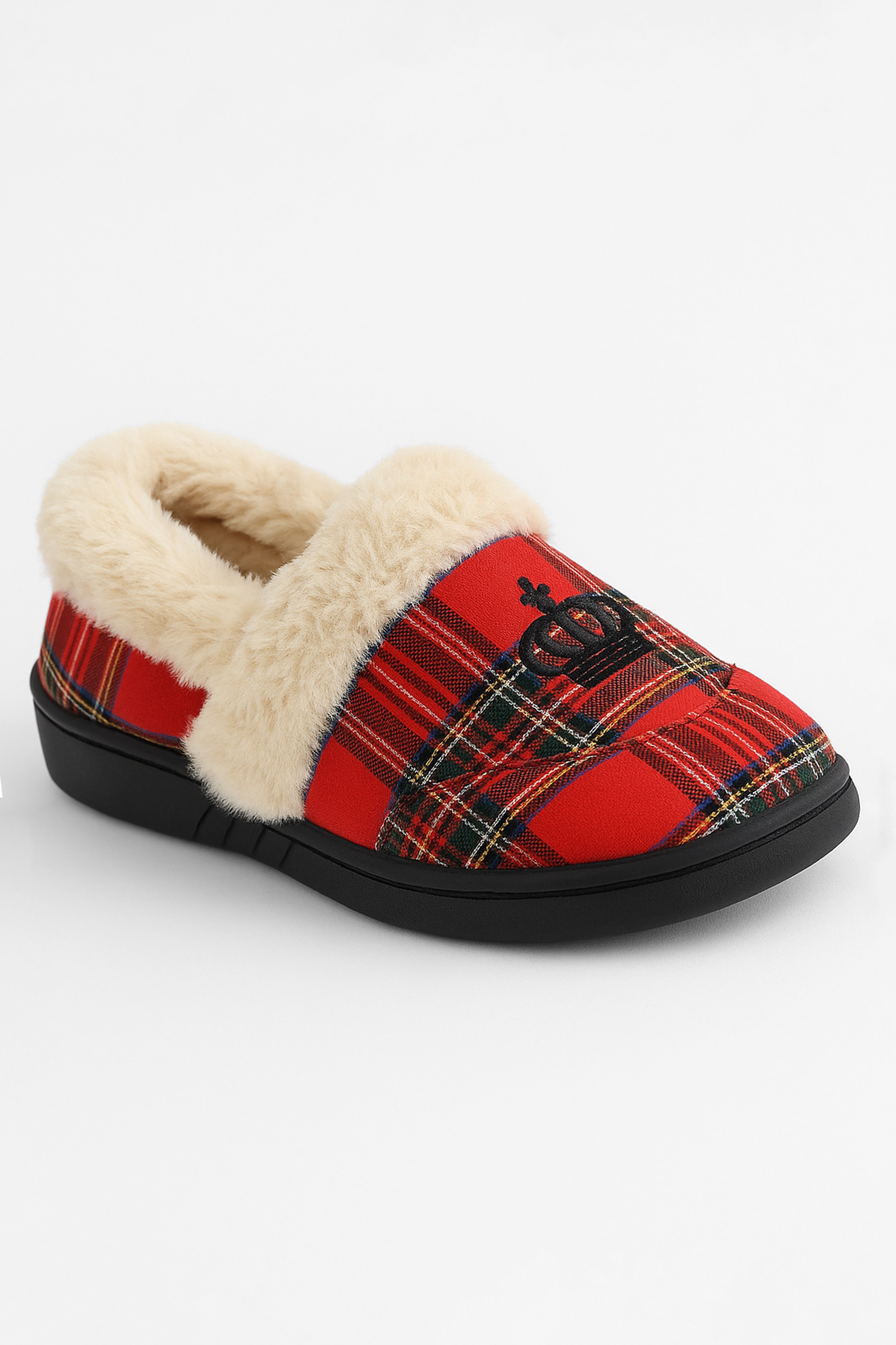 Boys Tartan Plaid Fleece Red Slippers - Crown - Red Side Picture