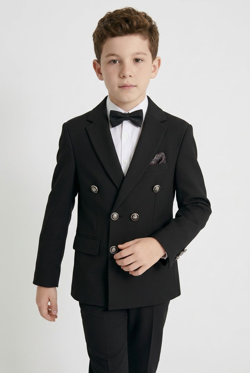 Boys Textured Double Breasted Blazer - Black
