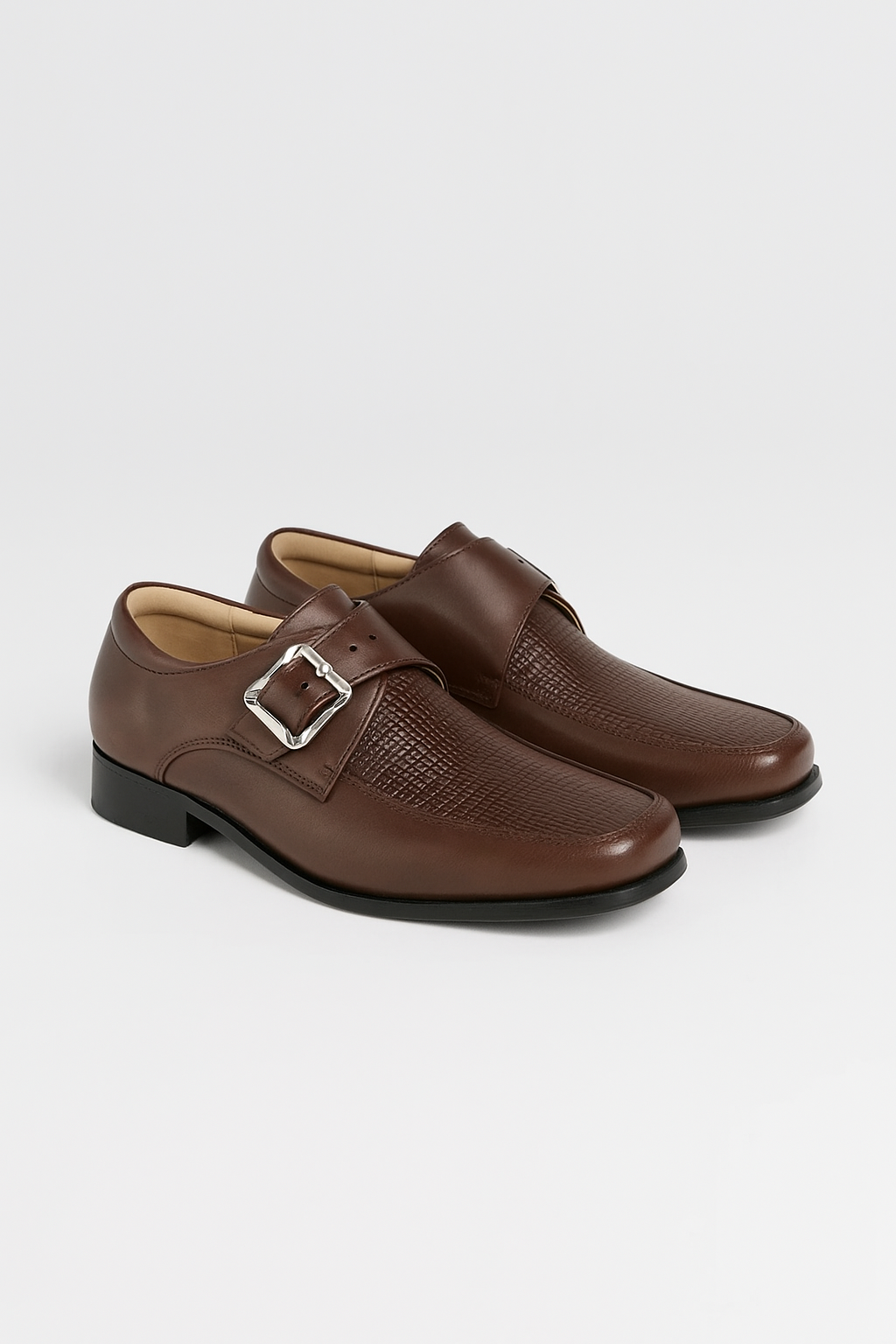 Boys Textured Leather Buckled Monk Shoes - Brown Pair Side Picture