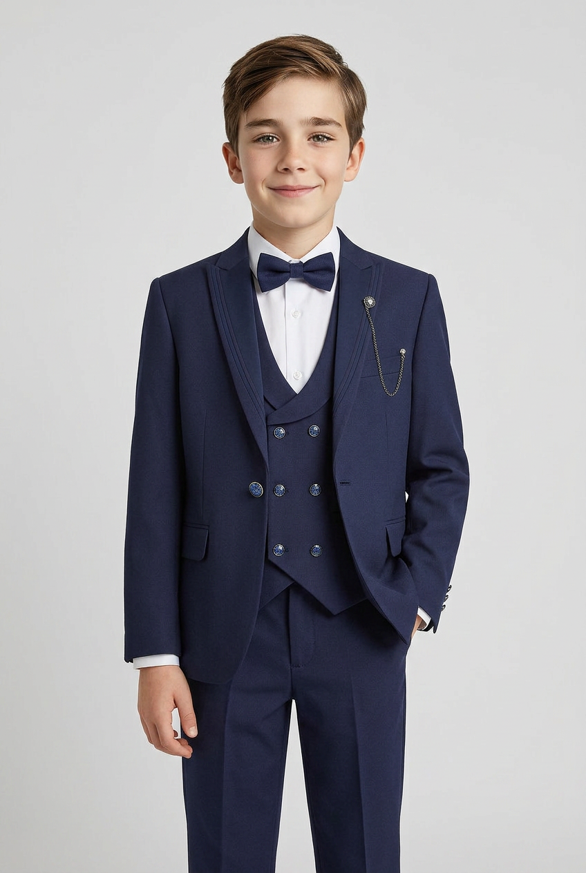 Boys Tuxedo Dinner Suit with Double Breasted Waistcoat - DAMATLIK  6-Piece  - Navy