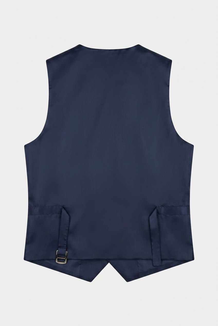 Boys navy double breasted waistcoat laid flat
