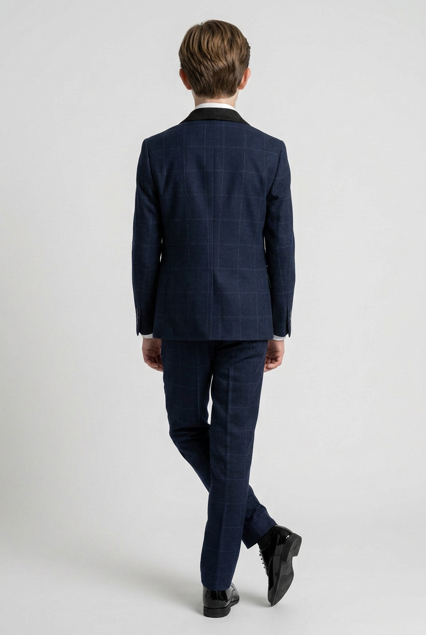 Boys Tweed-Like Windowpane Check Suit with Contrast Collar - Navy Blue