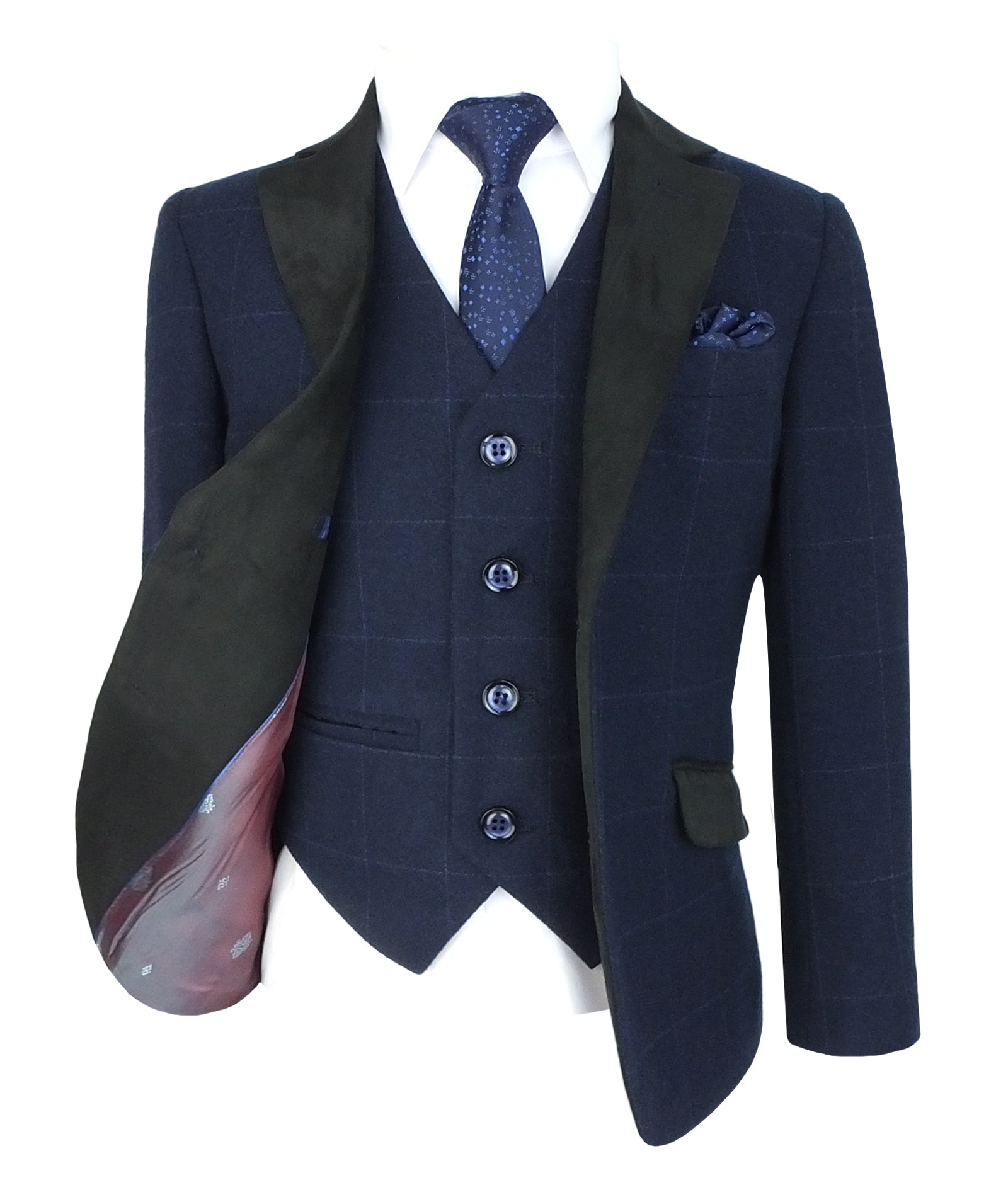 Boys Tweed-Like Windowpane Check Suit with Contrast Collar - Navy Blue