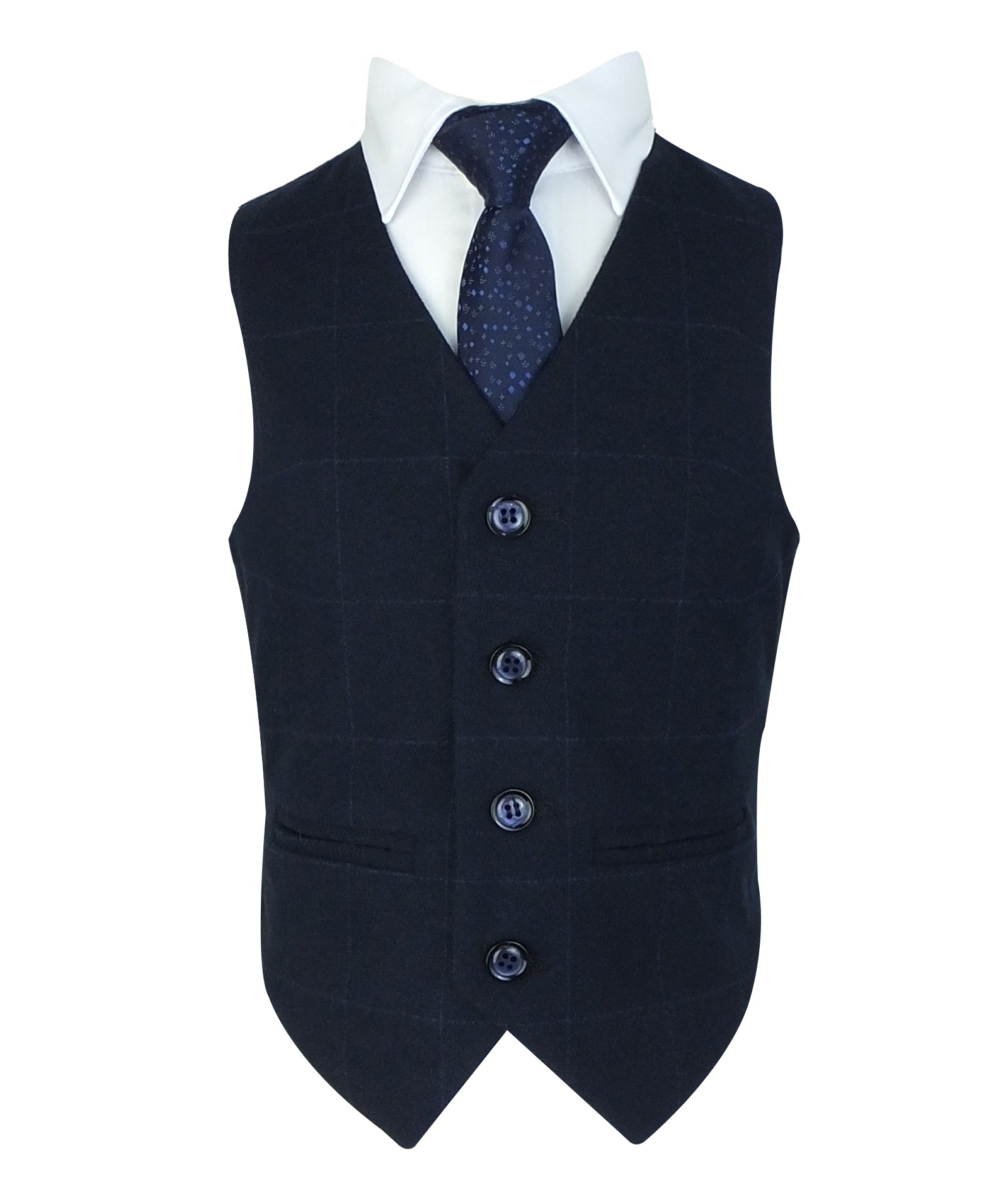 Boys Tweed-Like Windowpane Check Suit with Contrast Collar - Navy Blue