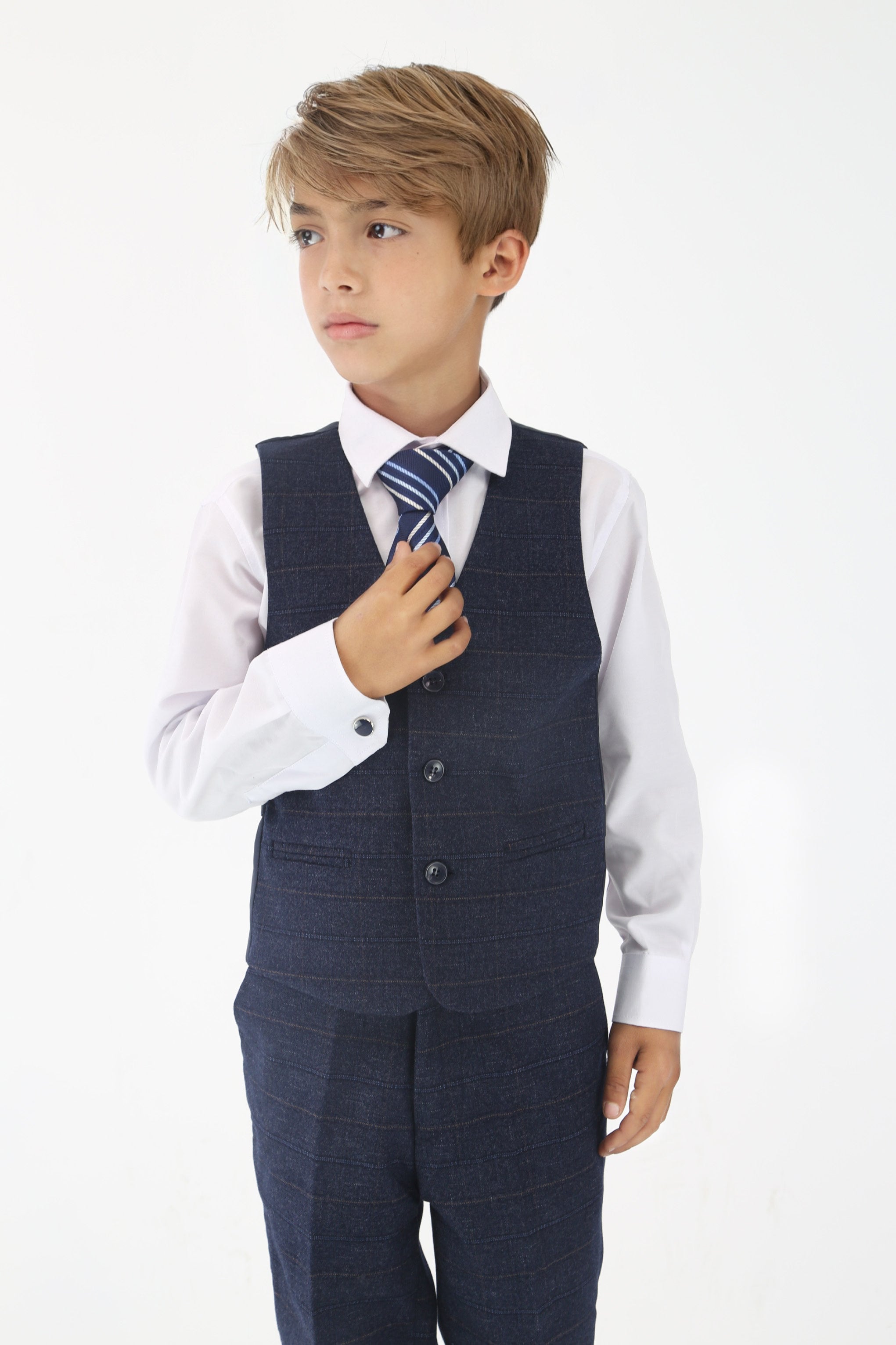 Boys Tweed Like Check Tailored Fit Formal Suit Set - Navy