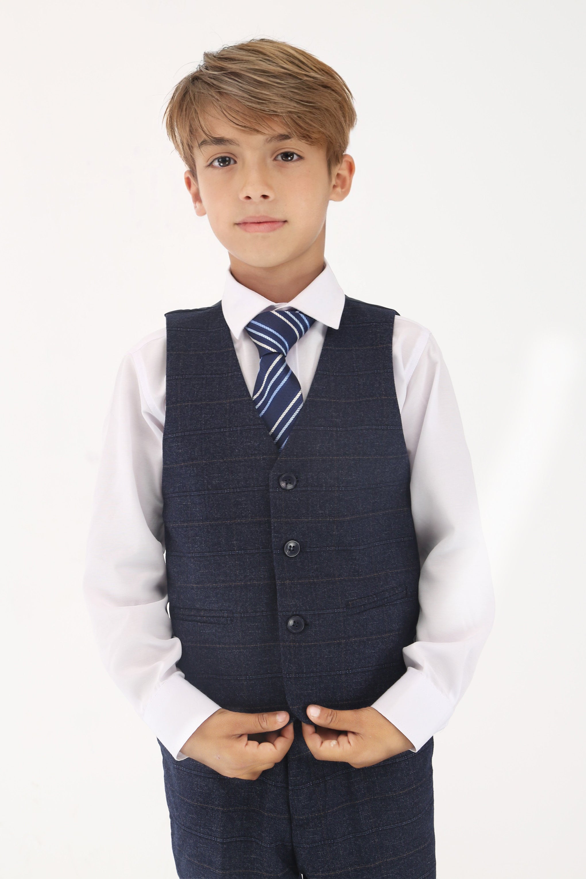 Boys Tweed Like Check Tailored Fit Formal Suit Set - Navy