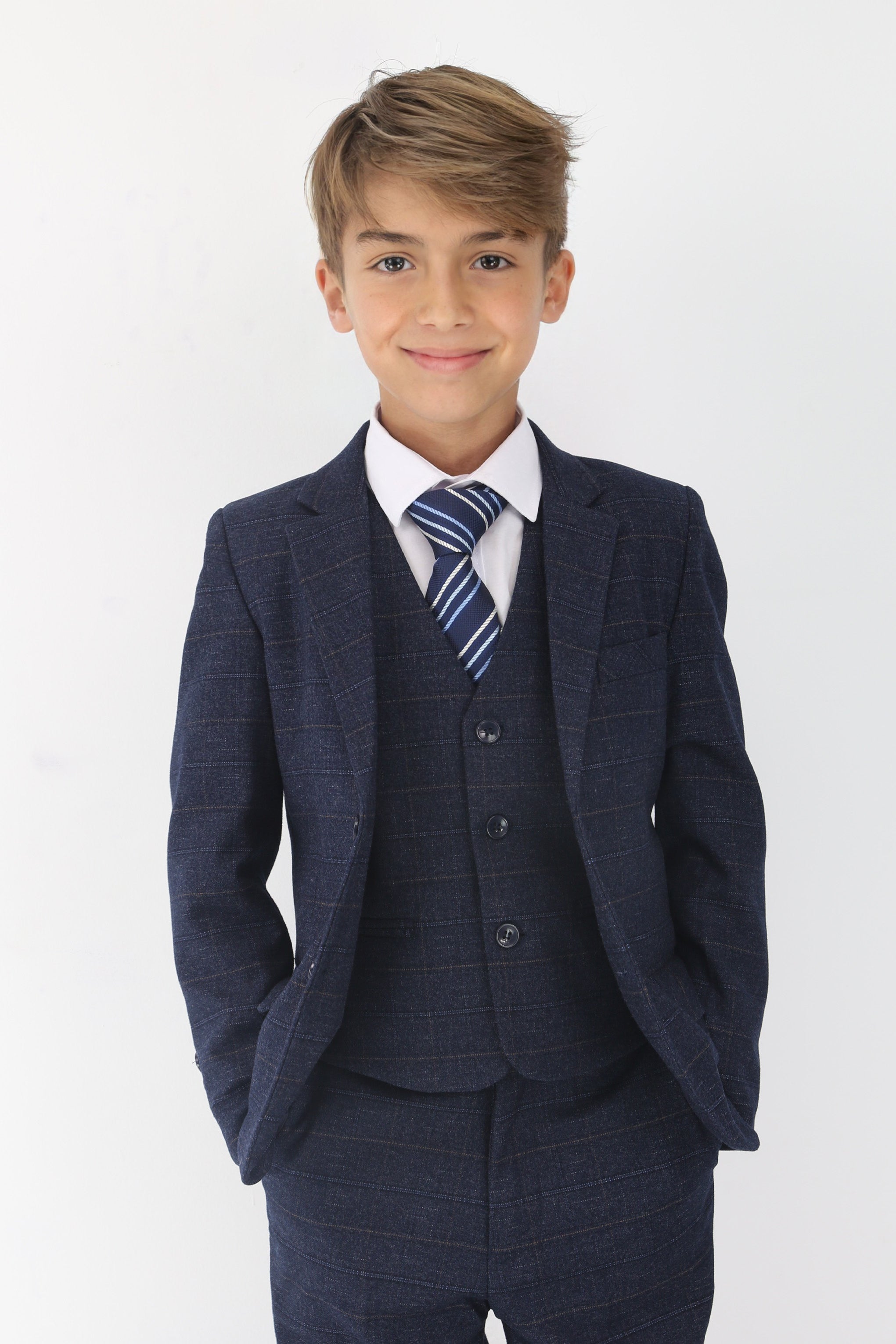 Boys Tweed Like Check Tailored Fit Formal Suit Set - Navy