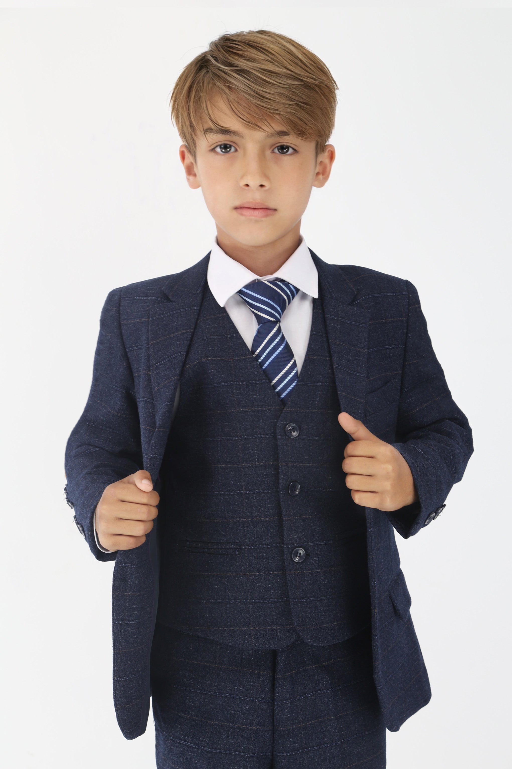 Boys Tweed Like Check Tailored Fit Formal Suit Set - Navy